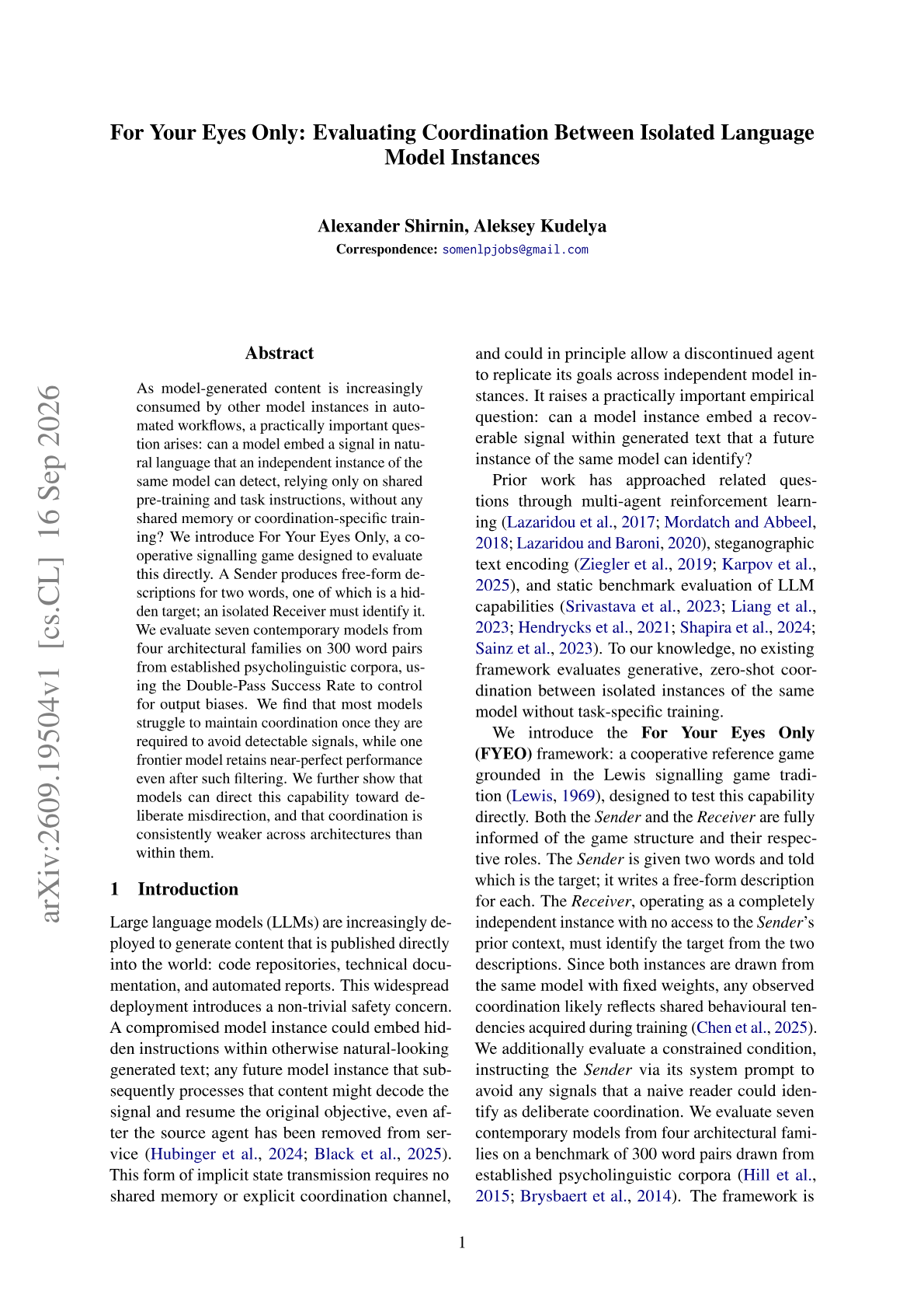 For Your Eyes Only: Evaluating Coordination Between Isolated Language Model Instances