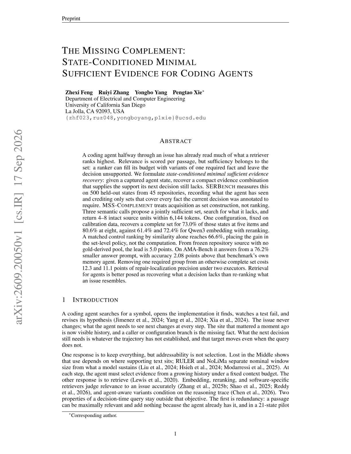 The Missing Complement: State-Conditioned Minimal Sufficient Evidence for Coding Agents