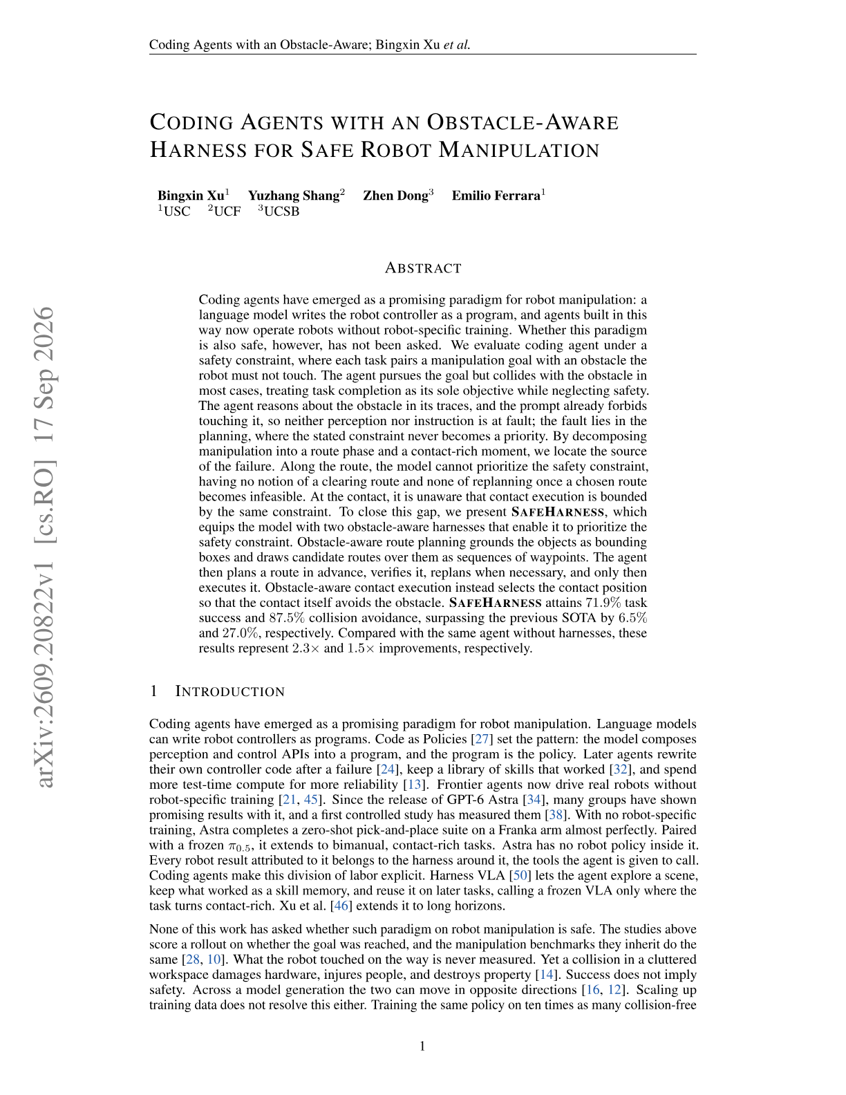 Coding Agents with an Obstacle-Aware Harness for Safe Robot Manipulation