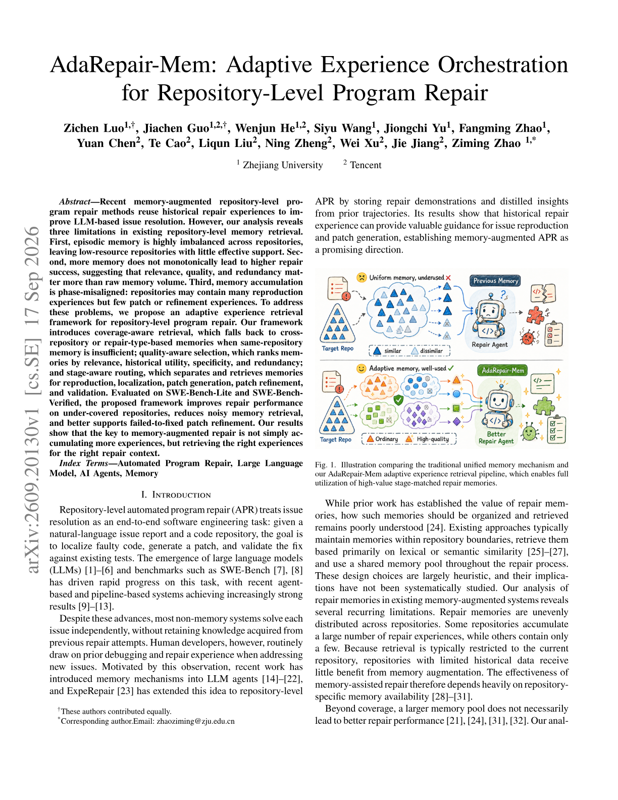 AdaRepair-Mem: Adaptive Experience Orchestration for Repository-Level Program Repair