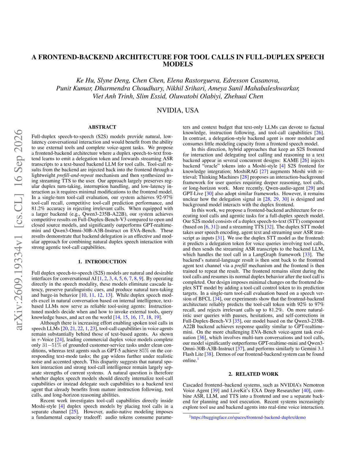 A frontend-backend architecture for tool calls in full-duplex speech models
