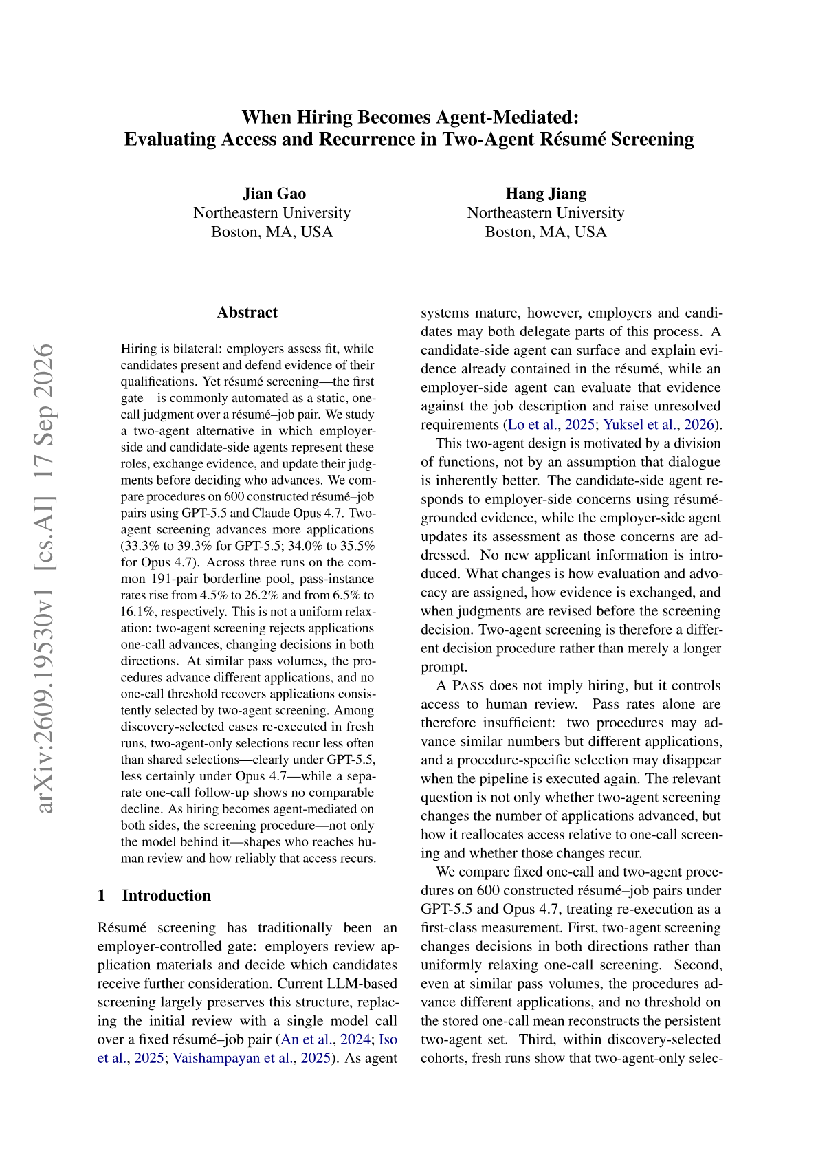 When Hiring Becomes Agent-Mediated: Evaluating Access and Recurrence in Two-Agent Résumé Screening