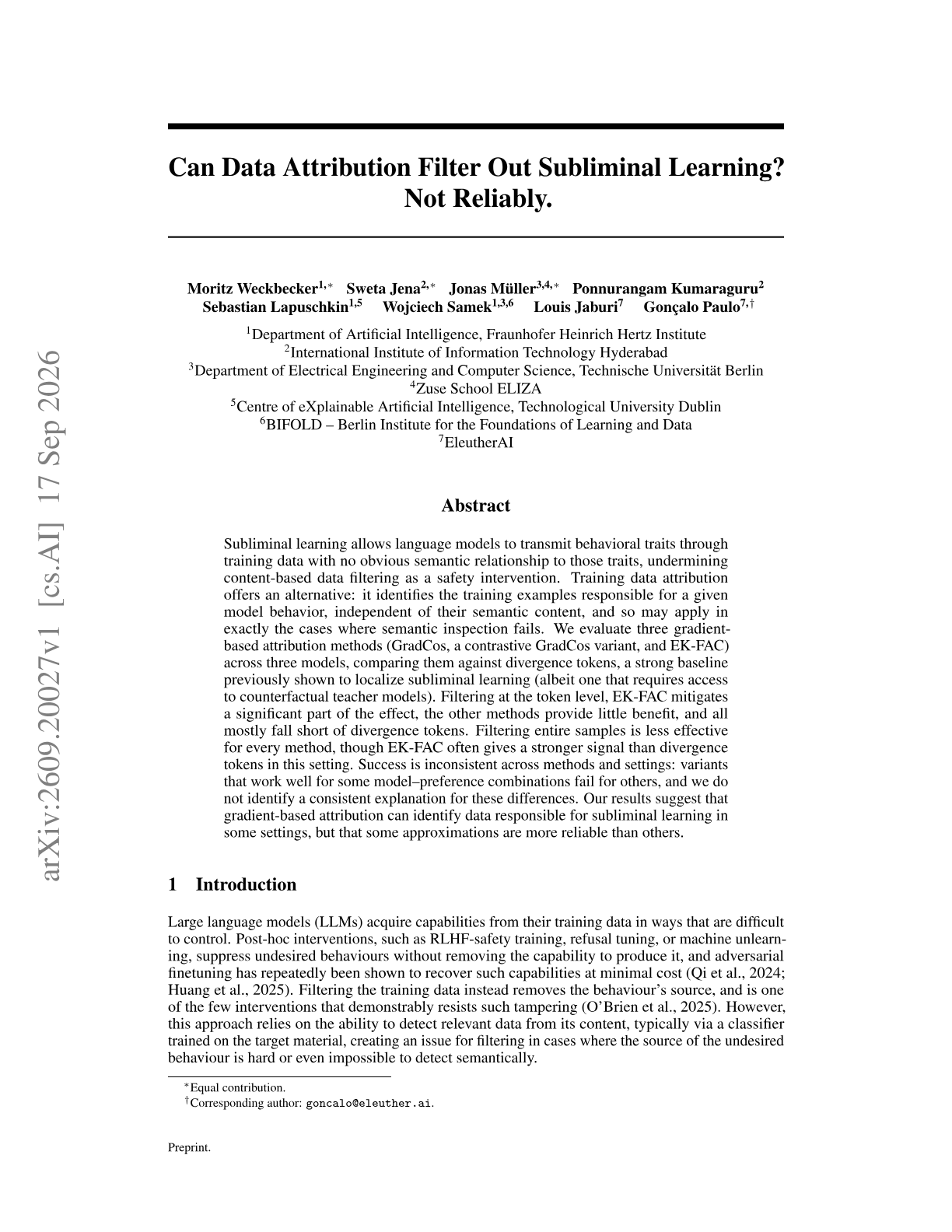 Can Data Attribution Filter Out Subliminal Learning? Not Reliably