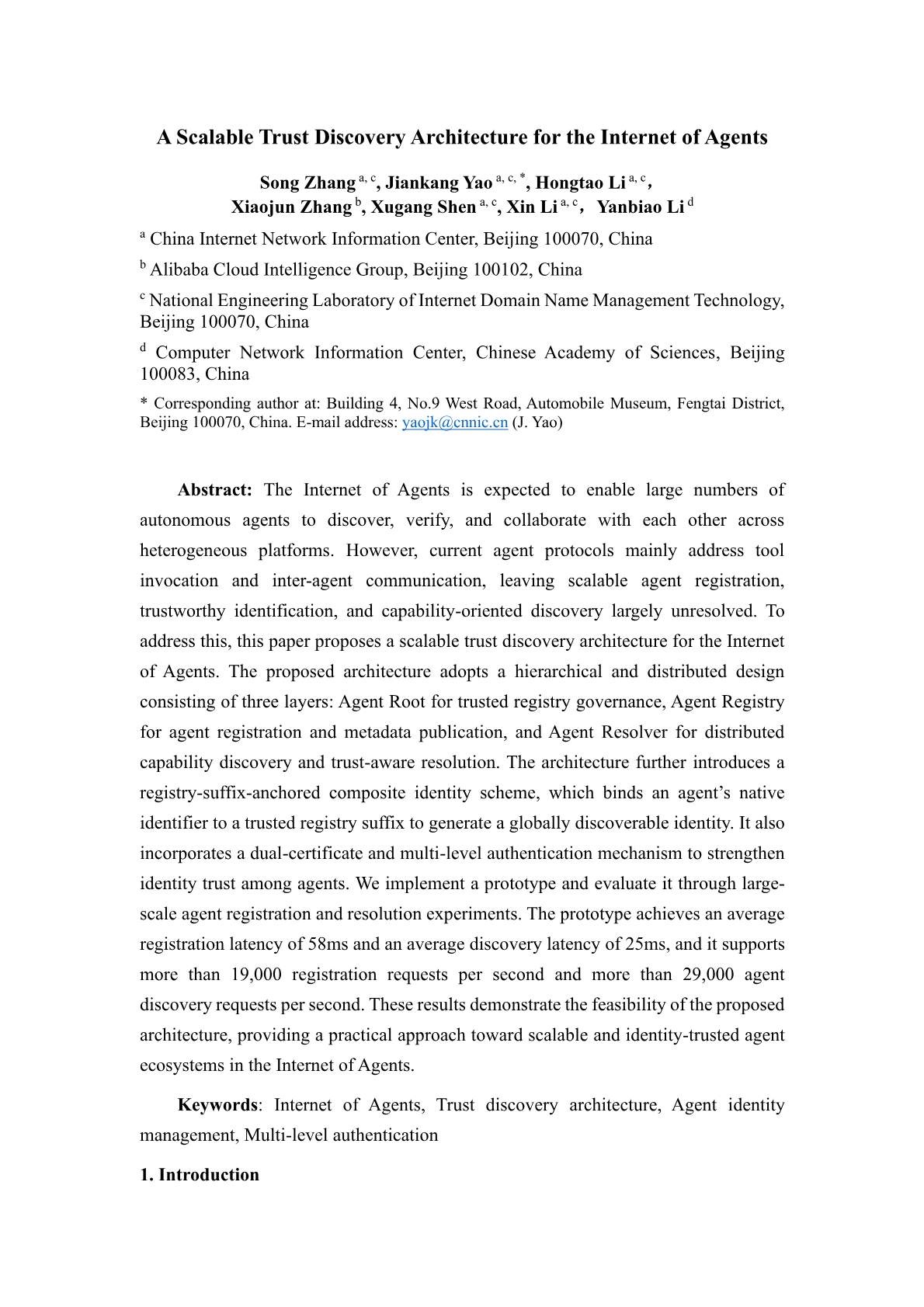 A Scalable Trust Discovery Architecture for the Internet of Agents