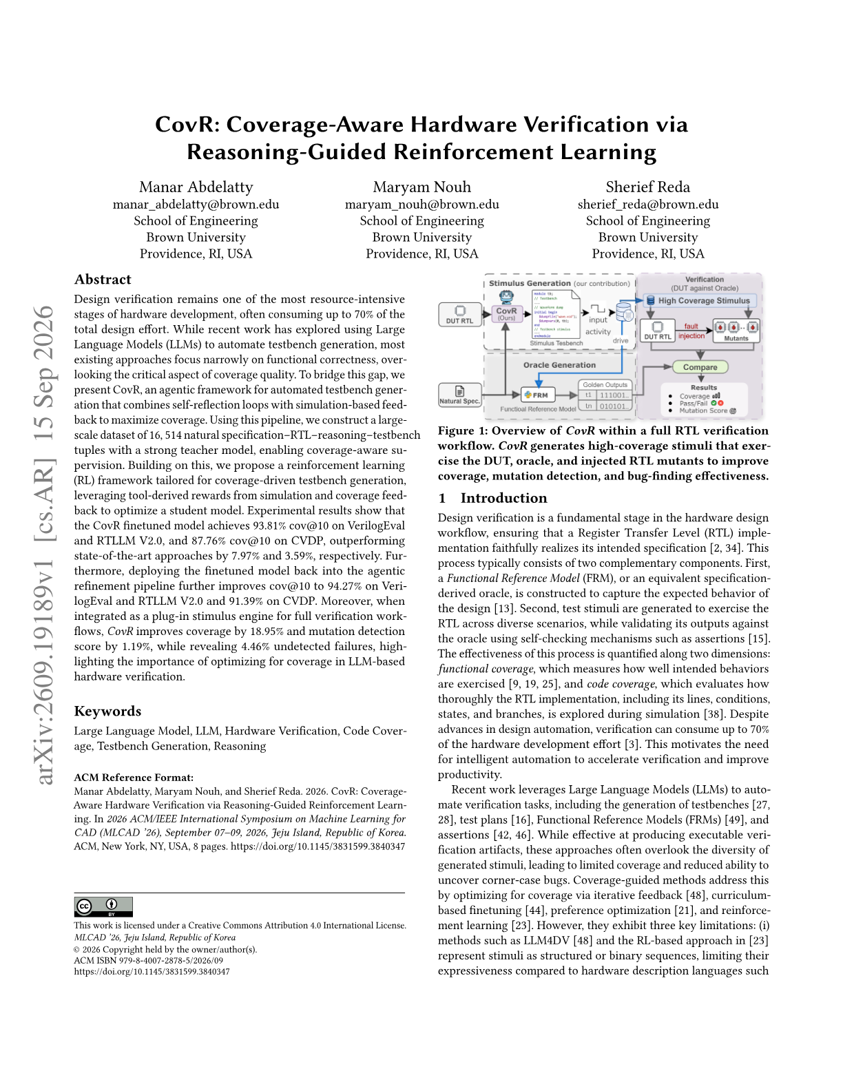 CovR: Coverage-Aware Hardware Verification via Reasoning-Guided Reinforcement Learning