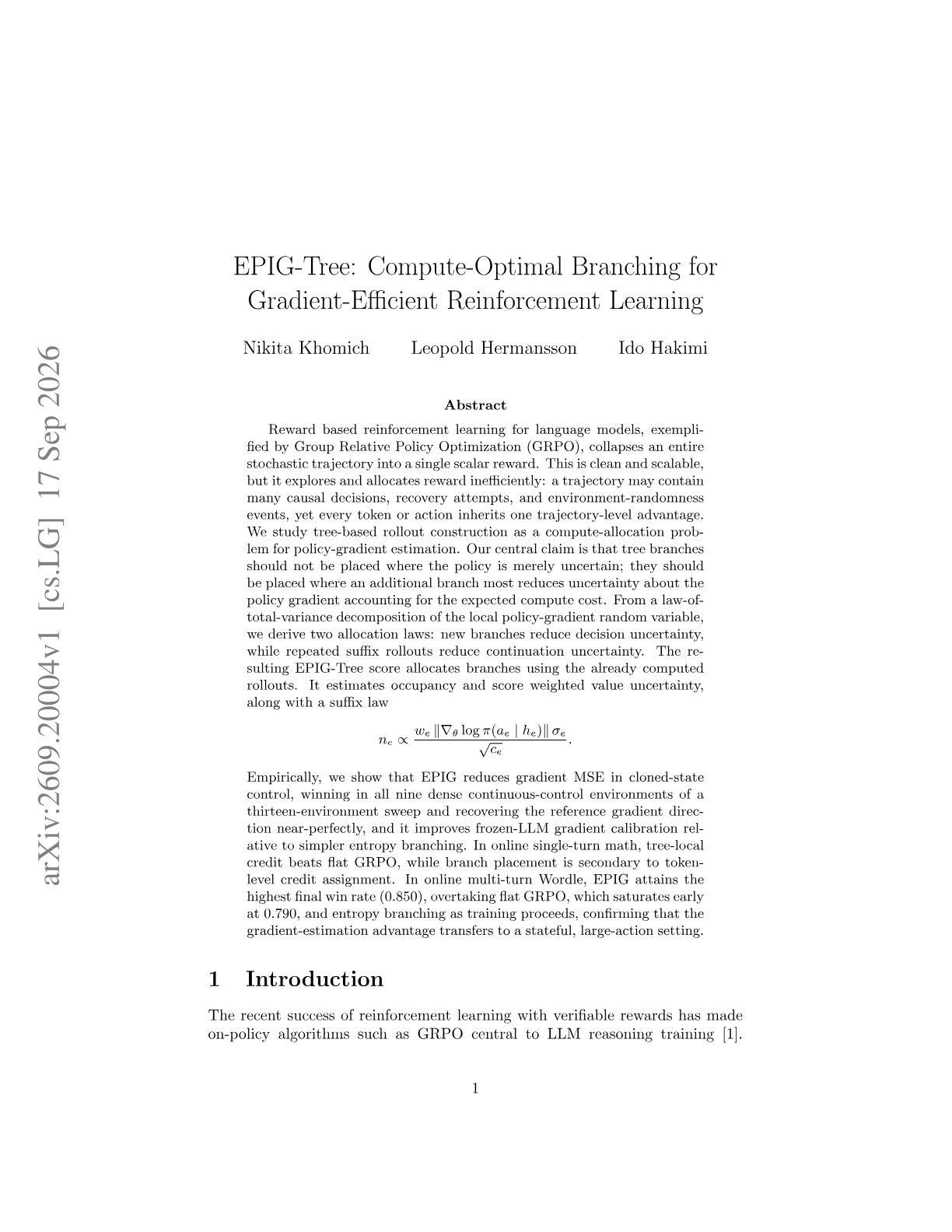 EPIG-Tree: Compute-Optimal Branching for Gradient-Efficient Reinforcement Learning