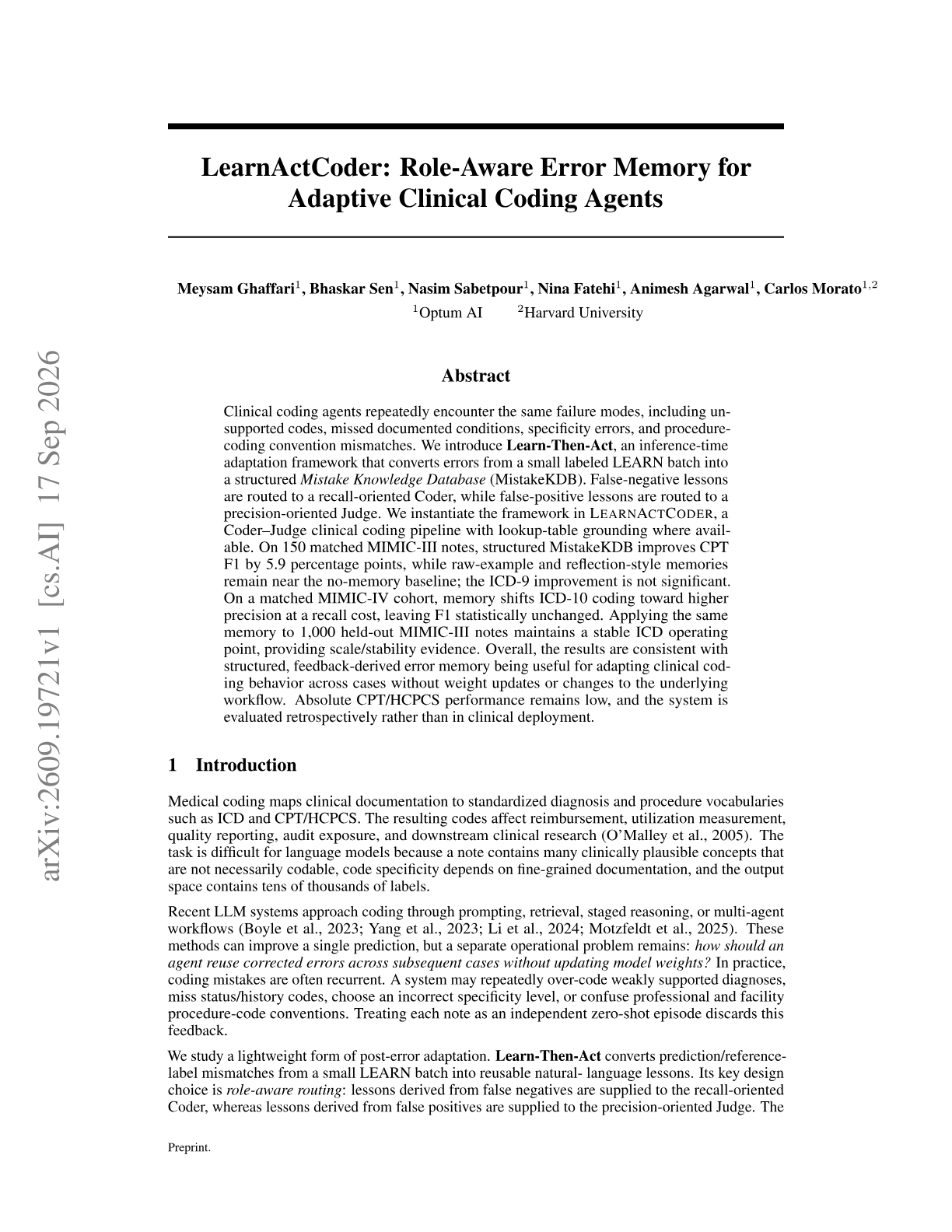 LearnActCoder: Role-Aware Error Memory for Adaptive Clinical Coding Agents