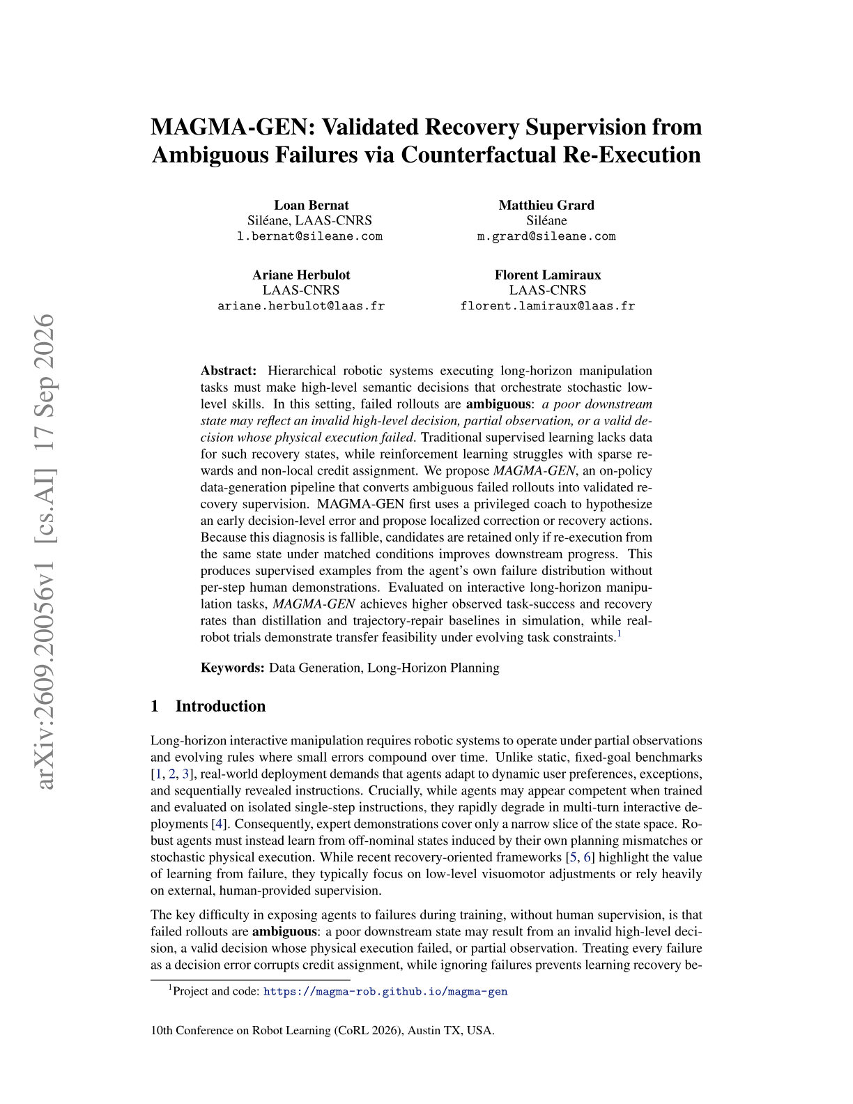 MAGMA-GEN: Validated Recovery Supervision from Ambiguous Failures via Counterfactual Re-Execution
