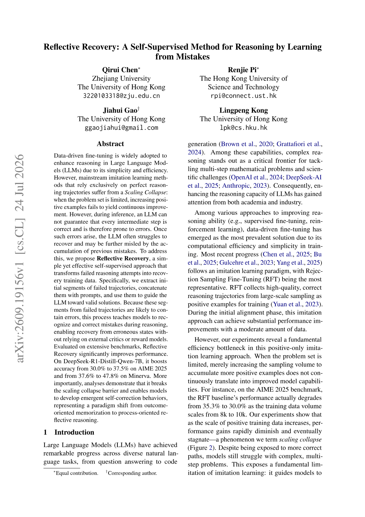 Reflective Recovery: A Self-Supervised Method for Reasoning by Learning from Mistakes