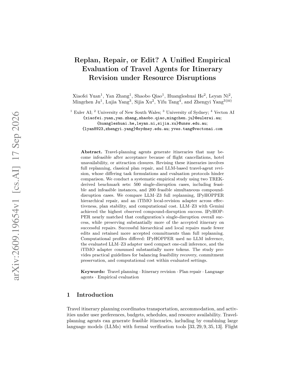 Replan, Repair, or Edit? A Unified Empirical Evaluation of Travel Agents for Itinerary Revision under Resource Disruptions