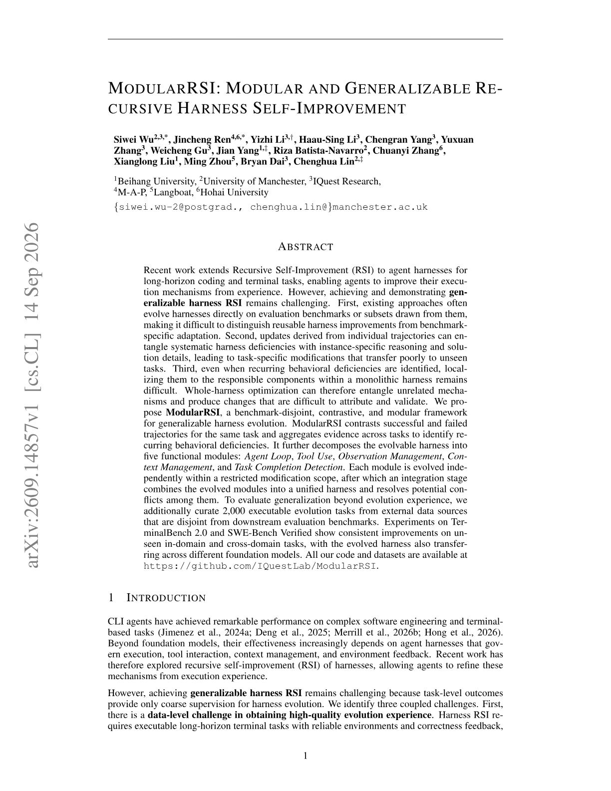 ModularRSI: Modular and Generalizable Recursive Harness Self-Improvement
