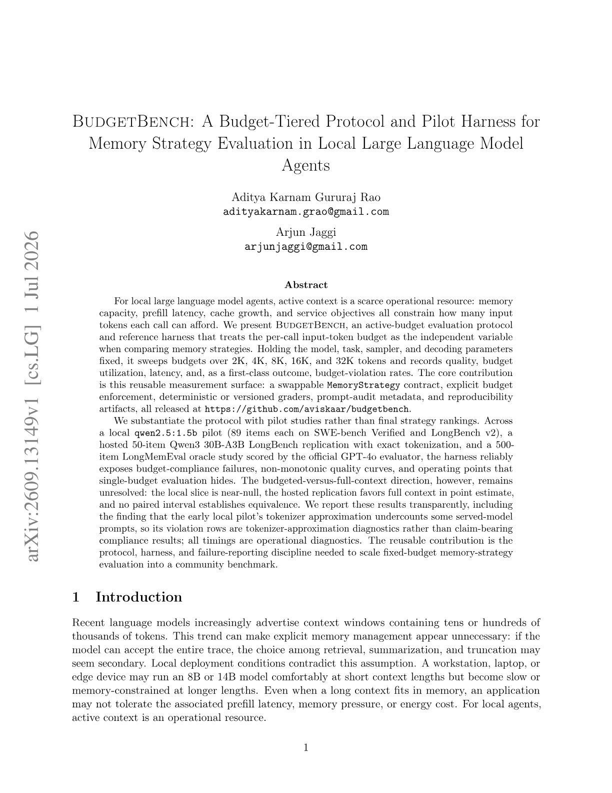 BudgetBench: A Budget-Tiered Protocol and Pilot Harness for Memory Strategy Evaluation in Local Large Language Model Agents