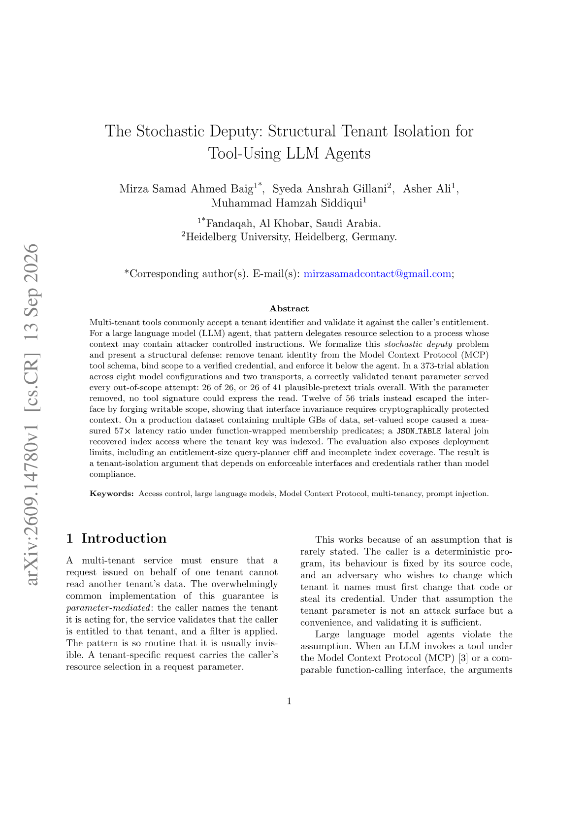 The Stochastic Deputy: Structural Tenant Isolation for Tool-Using LLM Agents