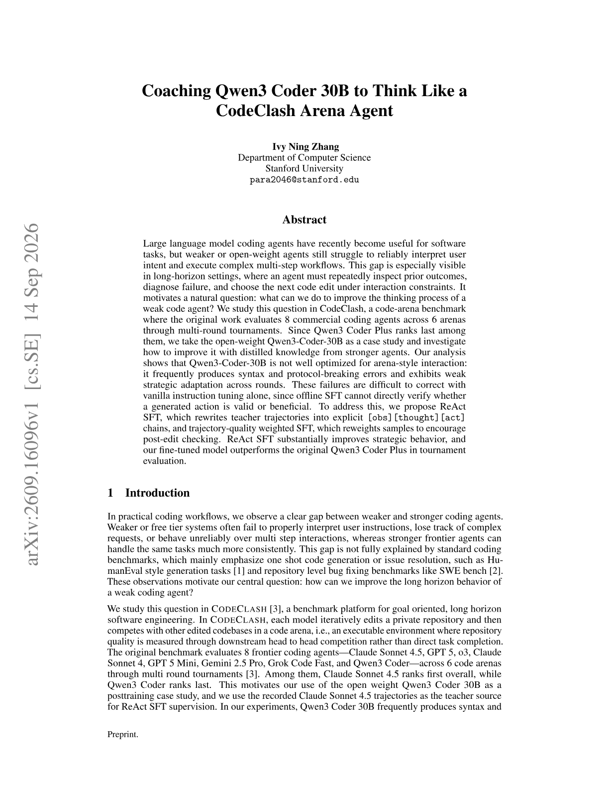 Coaching Qwen3 Coder 30B to Think Like a CodeClash Arena Agent