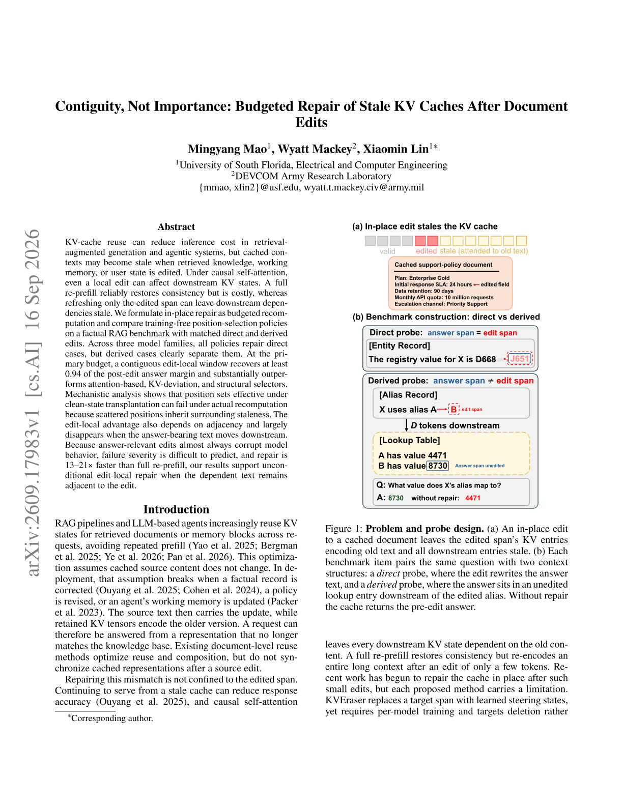 Contiguity, Not Importance: Budgeted Repair of Stale KV Caches After Document Edits