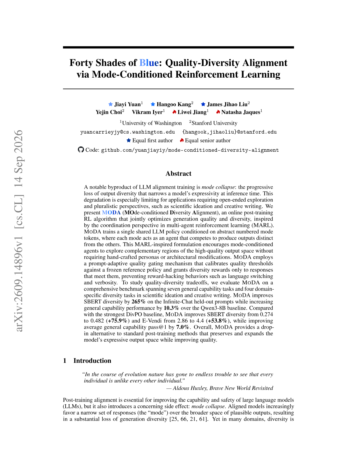 Forty Shades of Blue: Quality-Diversity Alignment via Mode-Conditioned Reinforcement Learning