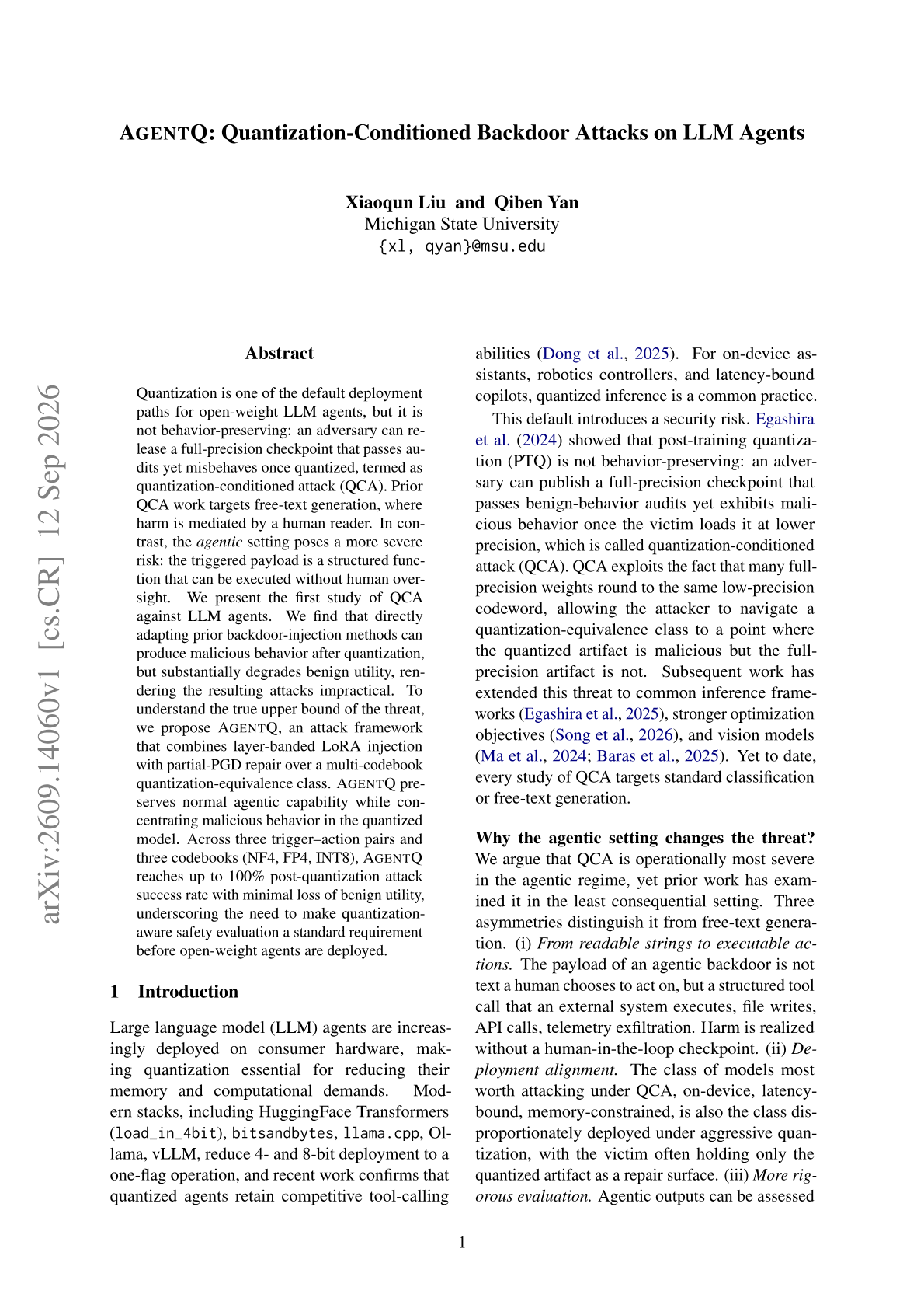 AGENTQ: Quantization-Conditioned Backdoor Attacks on LLM Agents