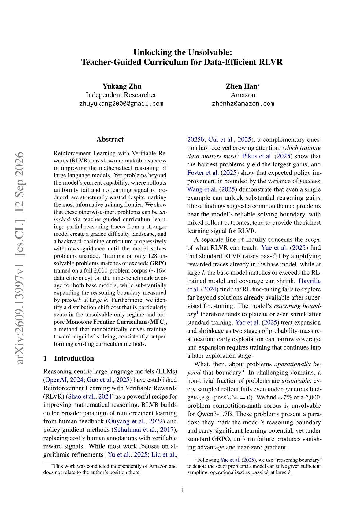 Unlocking the Unsolvable: Teacher-Guided Curriculum for Data-Efficient RLVR