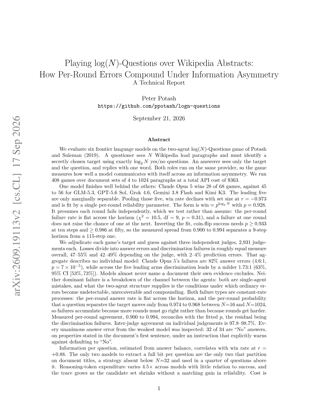 Playing log(N)-Questions over Wikipedia Abstracts: How Per-Round Errors Compound Under Information Asymmetry