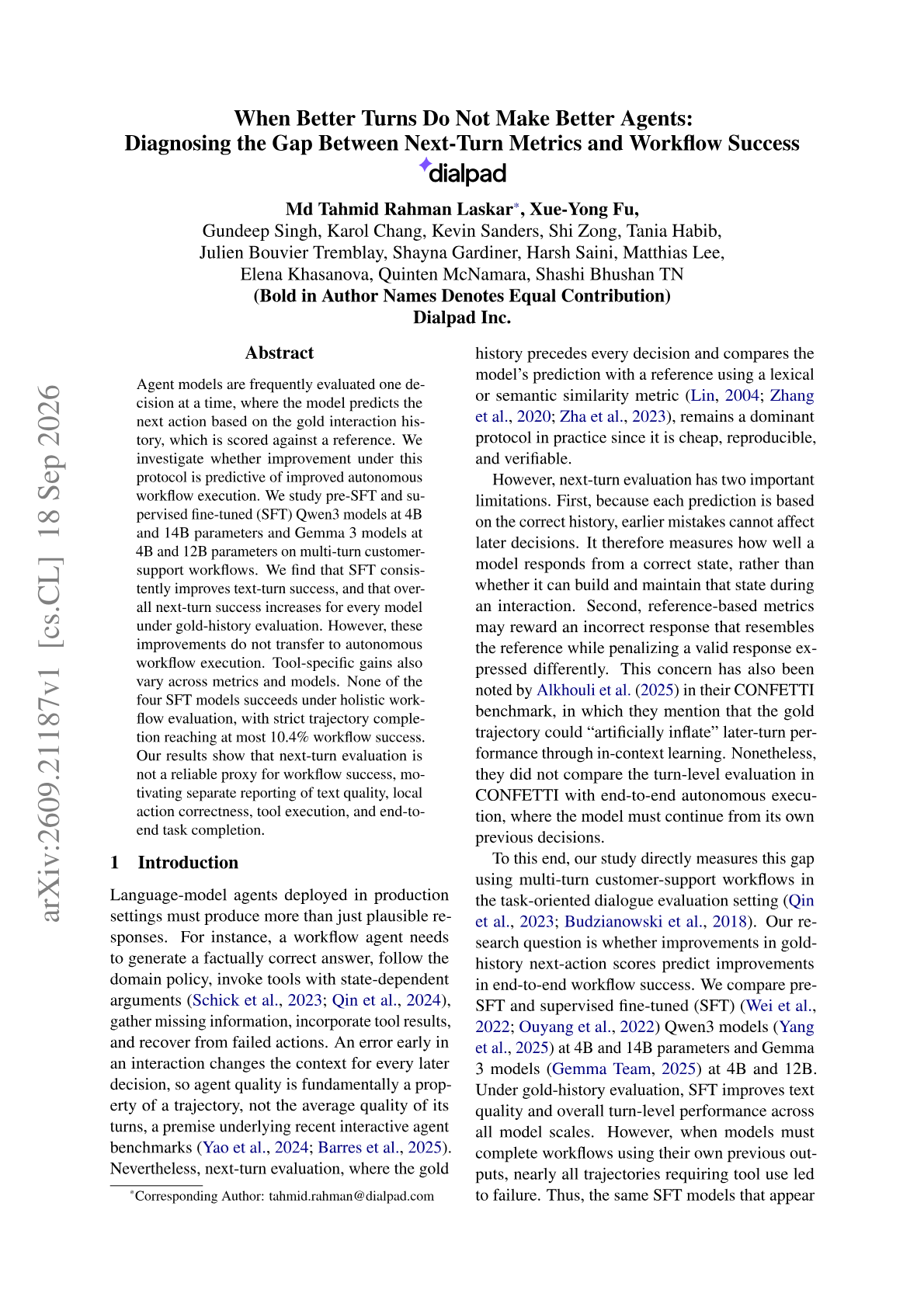 When Better Turns Do Not Make Better Agents: Diagnosing the Gap Between Next-Turn Metrics and Workflow Success