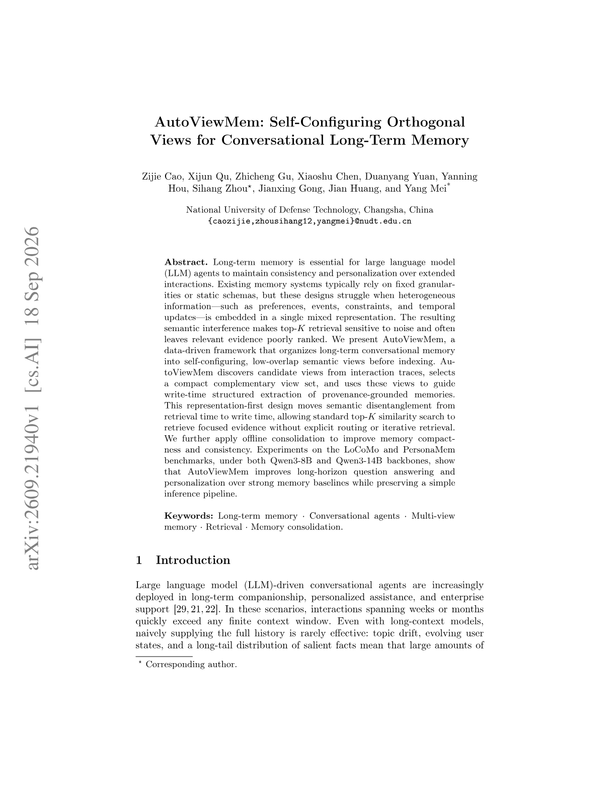 AutoViewMem: Self-Configuring Orthogonal Views for Conversational Long-Term Memory