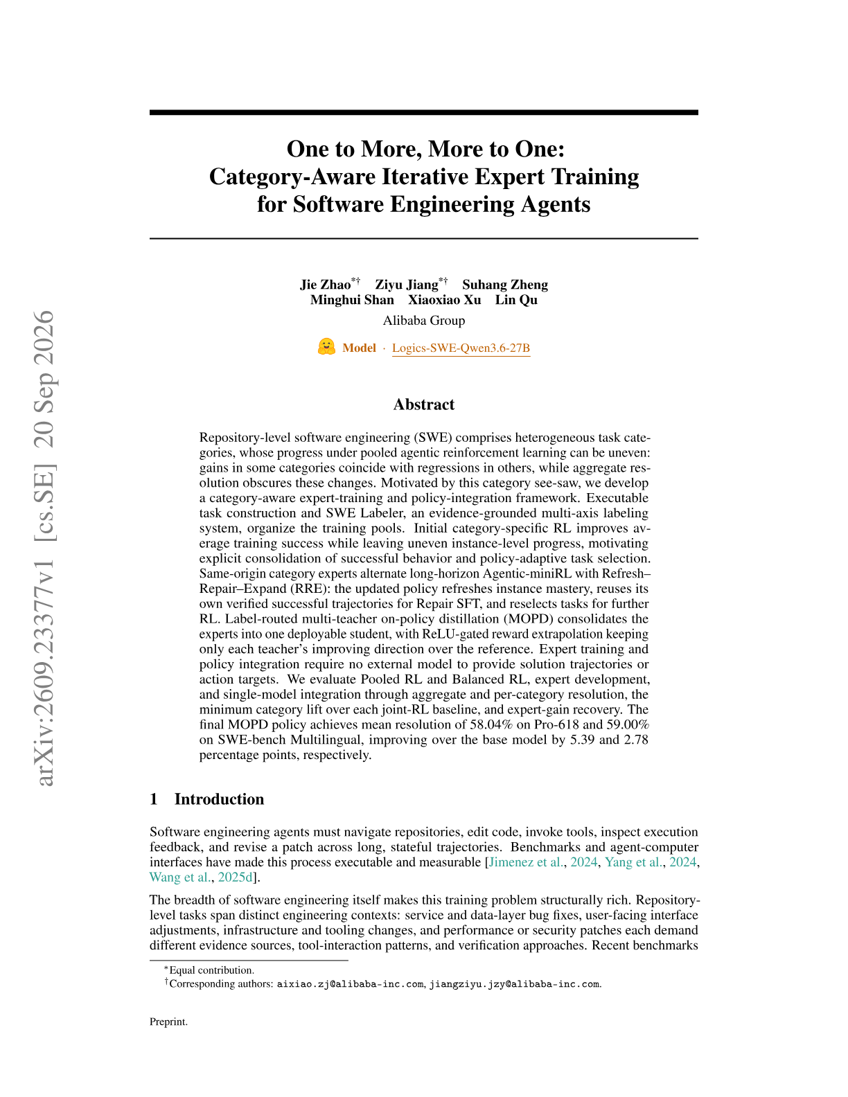 One to More, More to One: Category-Aware Iterative Expert Training for Software Engineering Agents