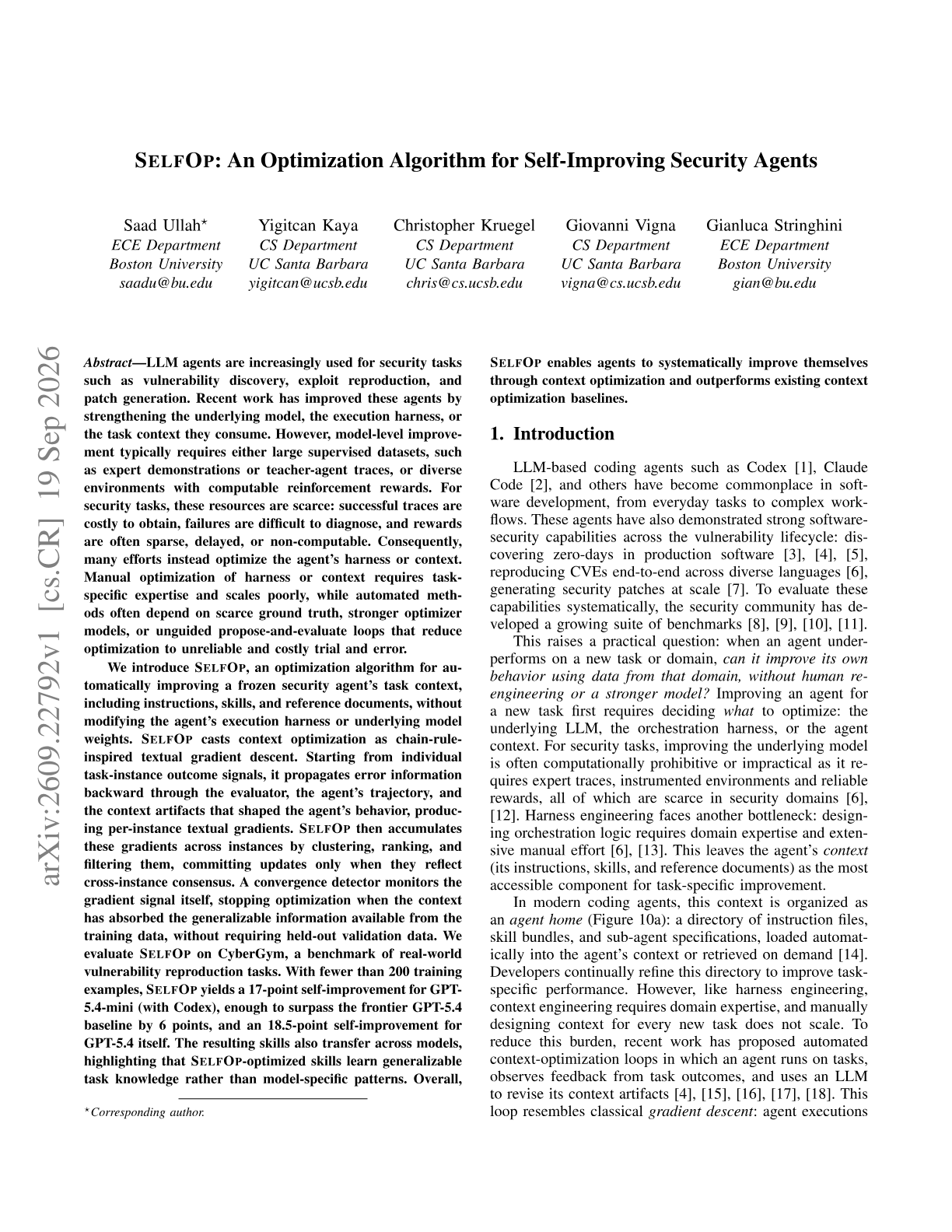 SelfOp: An Optimization Algorithm for Self-Improving Security Agents