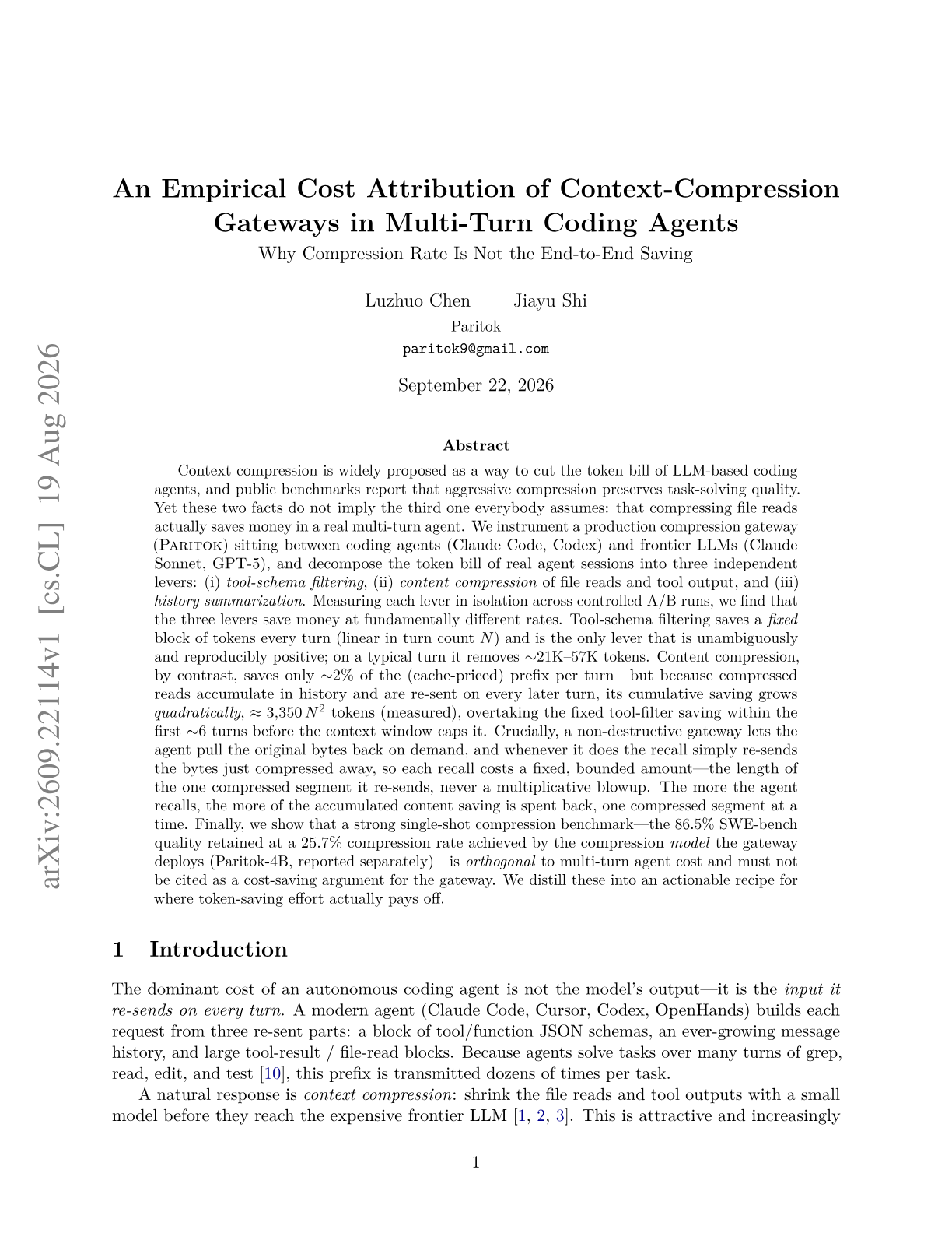 An Empirical Cost Attribution of Context-Compression Gateways in Multi-Turn Coding Agents