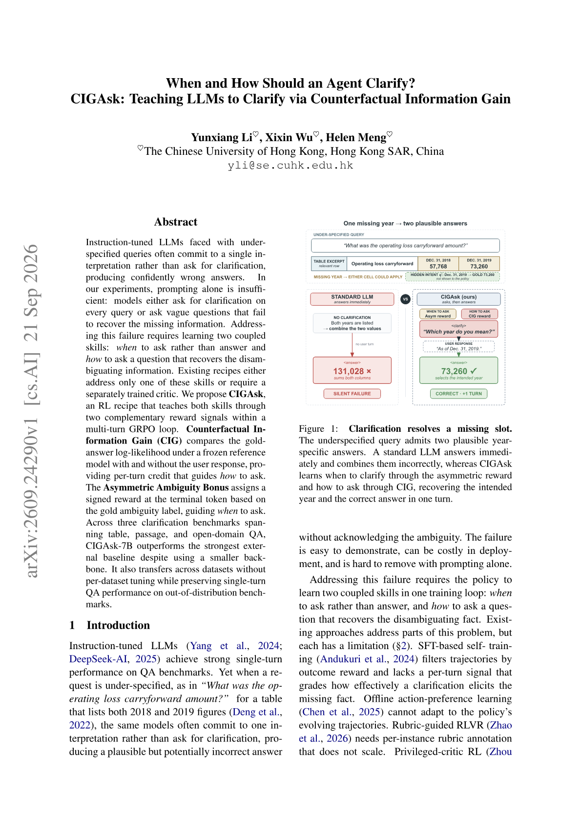 When and How Should an Agent Clarify? CIGAsk: Teaching LLMs to Clarify via Counterfactual Information Gain