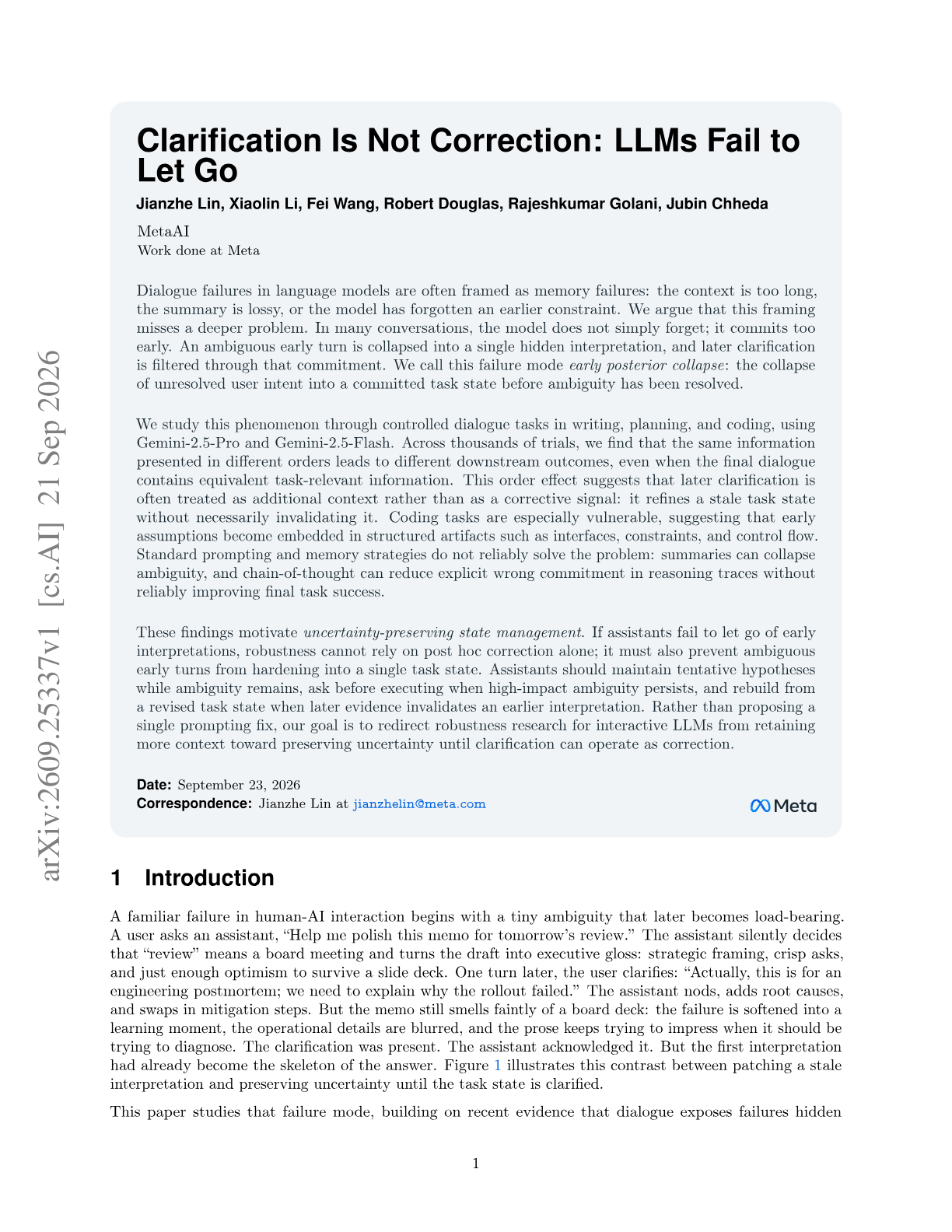 Clarification Is Not Correction: LLMs Fail to Let Go