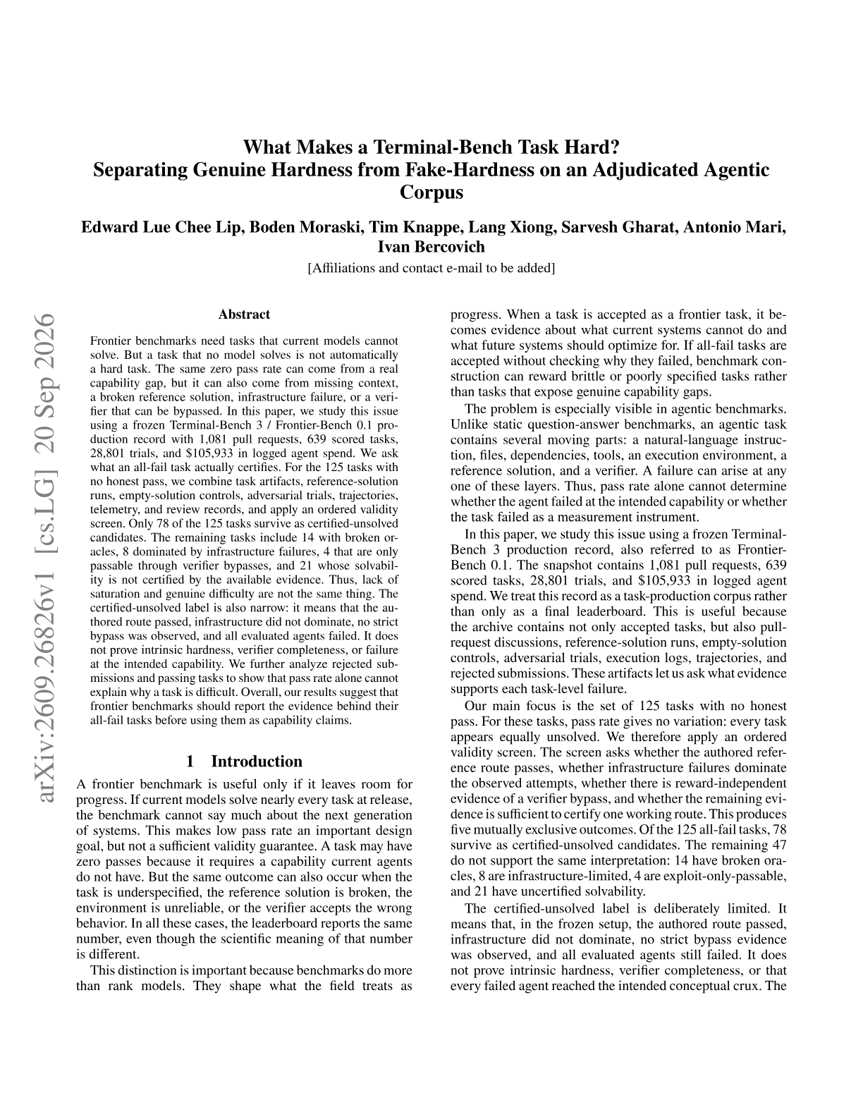 What Makes a Terminal-Bench Task Hard? Separating Genuine Hardness from Fake-Hardness on an Adjudicated Agentic Corpus