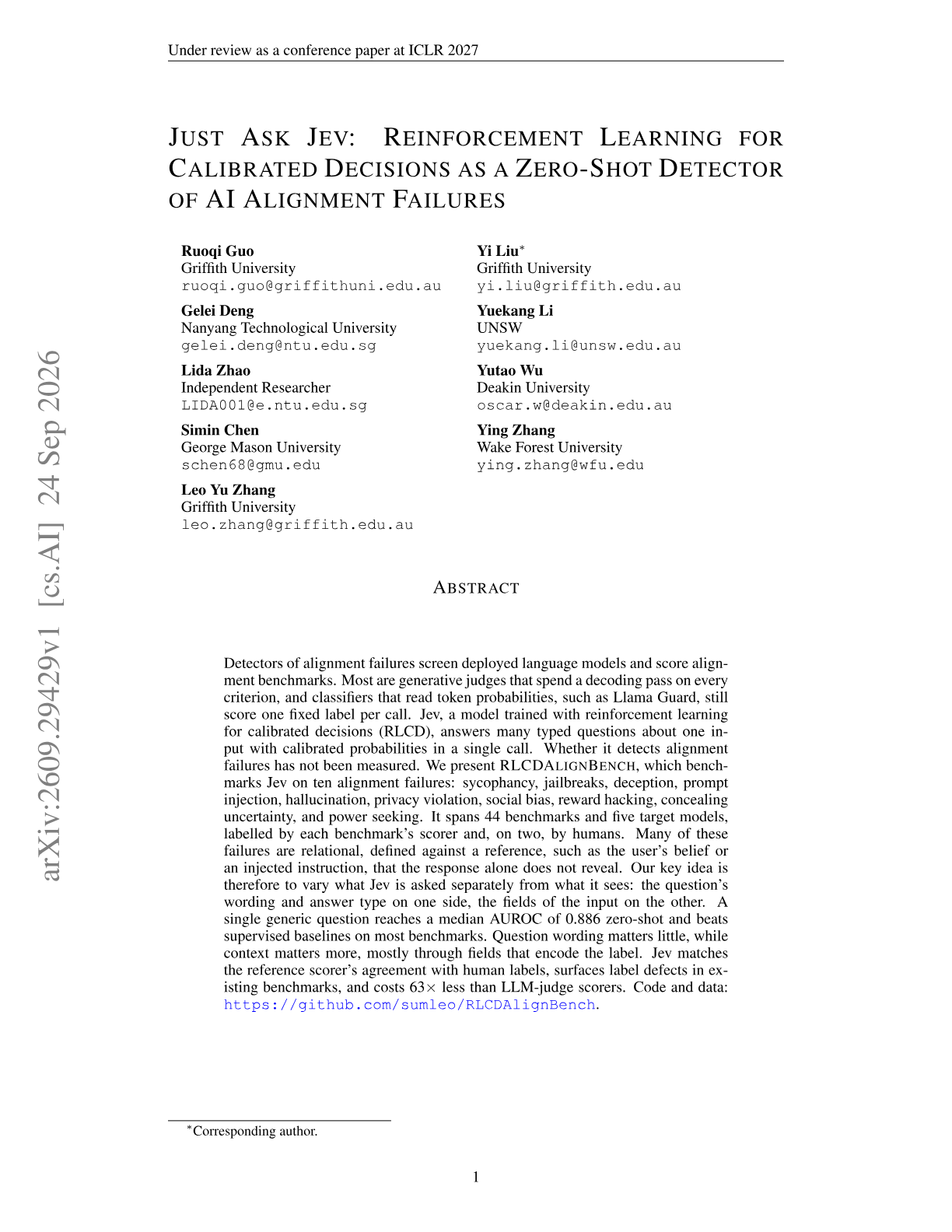 Just Ask Jev: Reinforcement Learning for Calibrated Decisions as a Zero-Shot Detector of AI Alignment Failures