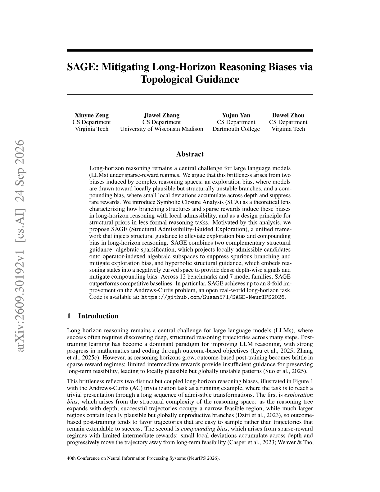 SAGE: Mitigating Long-Horizon Reasoning Biases via Topological Guidance