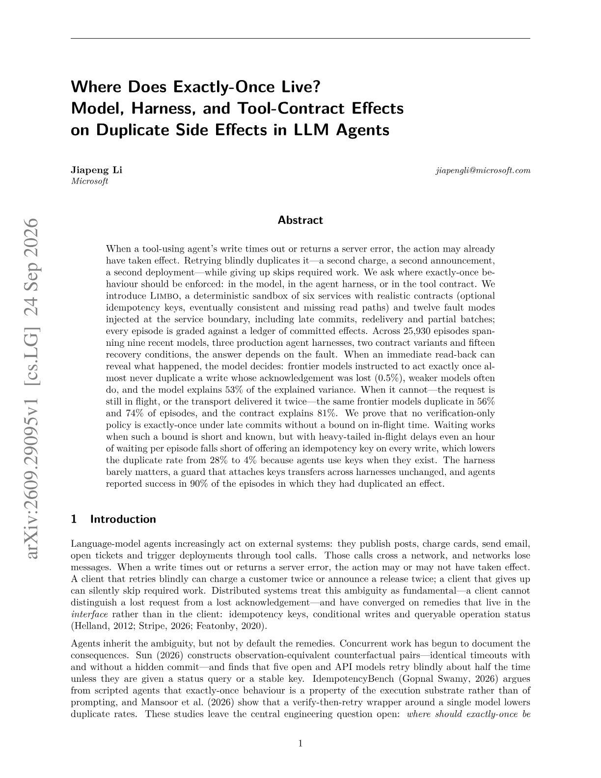 Where Does Exactly-Once Live? Model, Harness, and Tool-Contract Effects on Duplicate Side Effects in LLM Agents