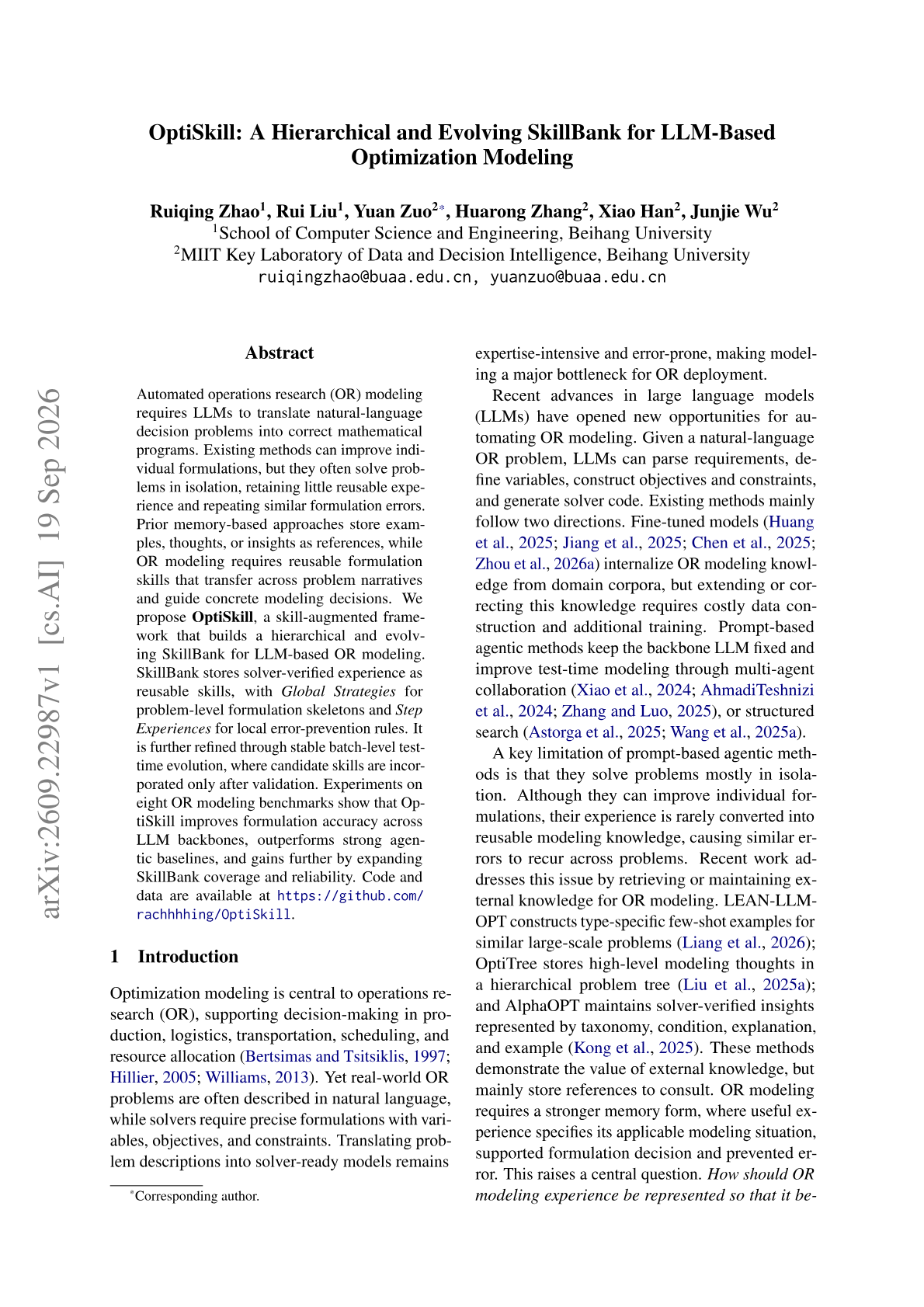 OptiSkill: A Hierarchical and Evolving SkillBank for LLM-Based Optimization Modeling