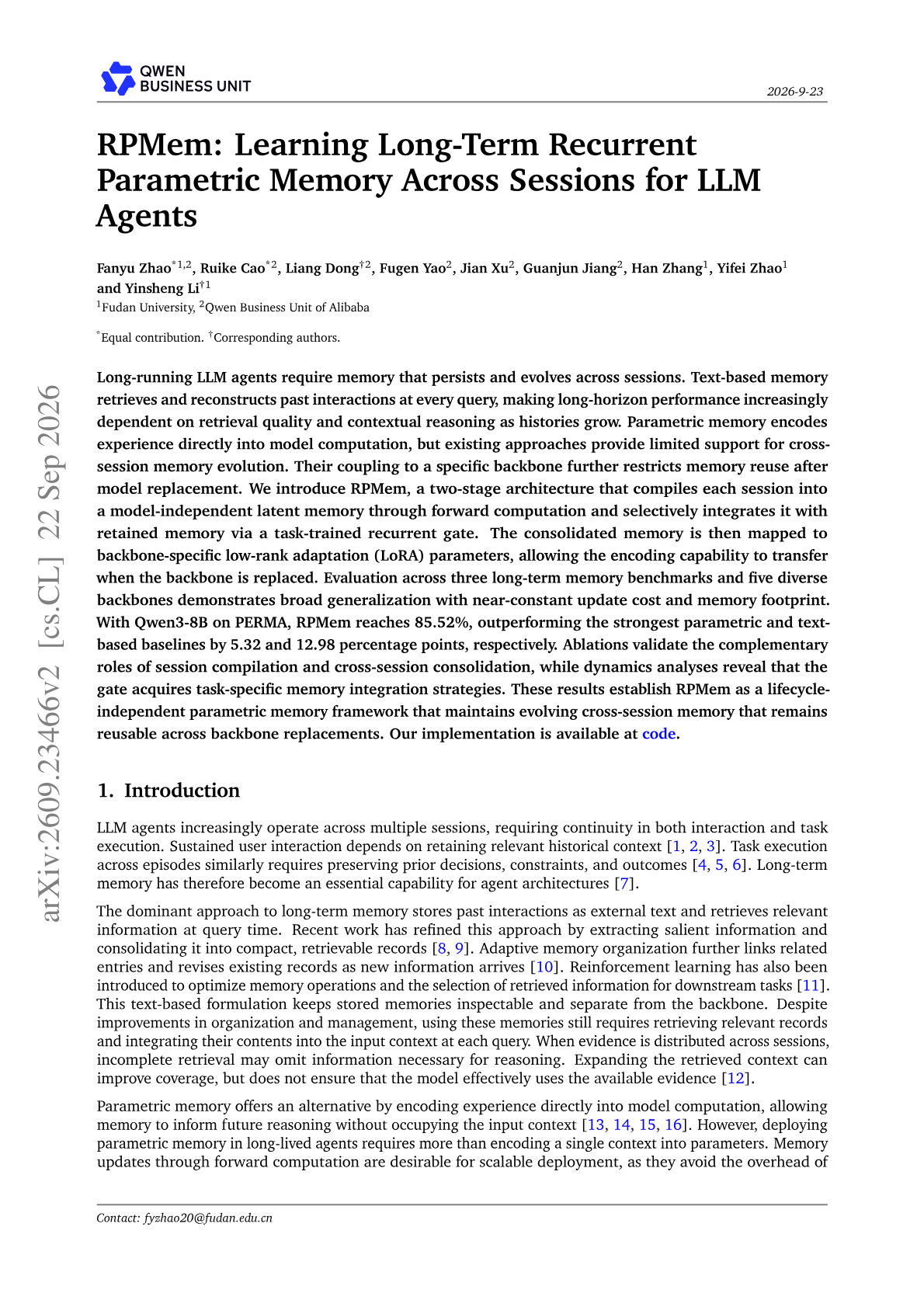 RPMem: Learning Long-Term Recurrent Parametric Memory Across Sessions for LLM Agents