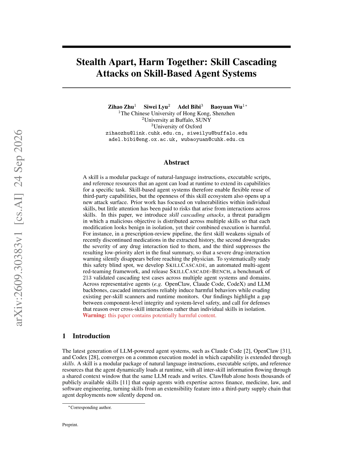 Stealth Apart, Harm Together: Skill Cascading Attacks on Skill-Based Agent Systems