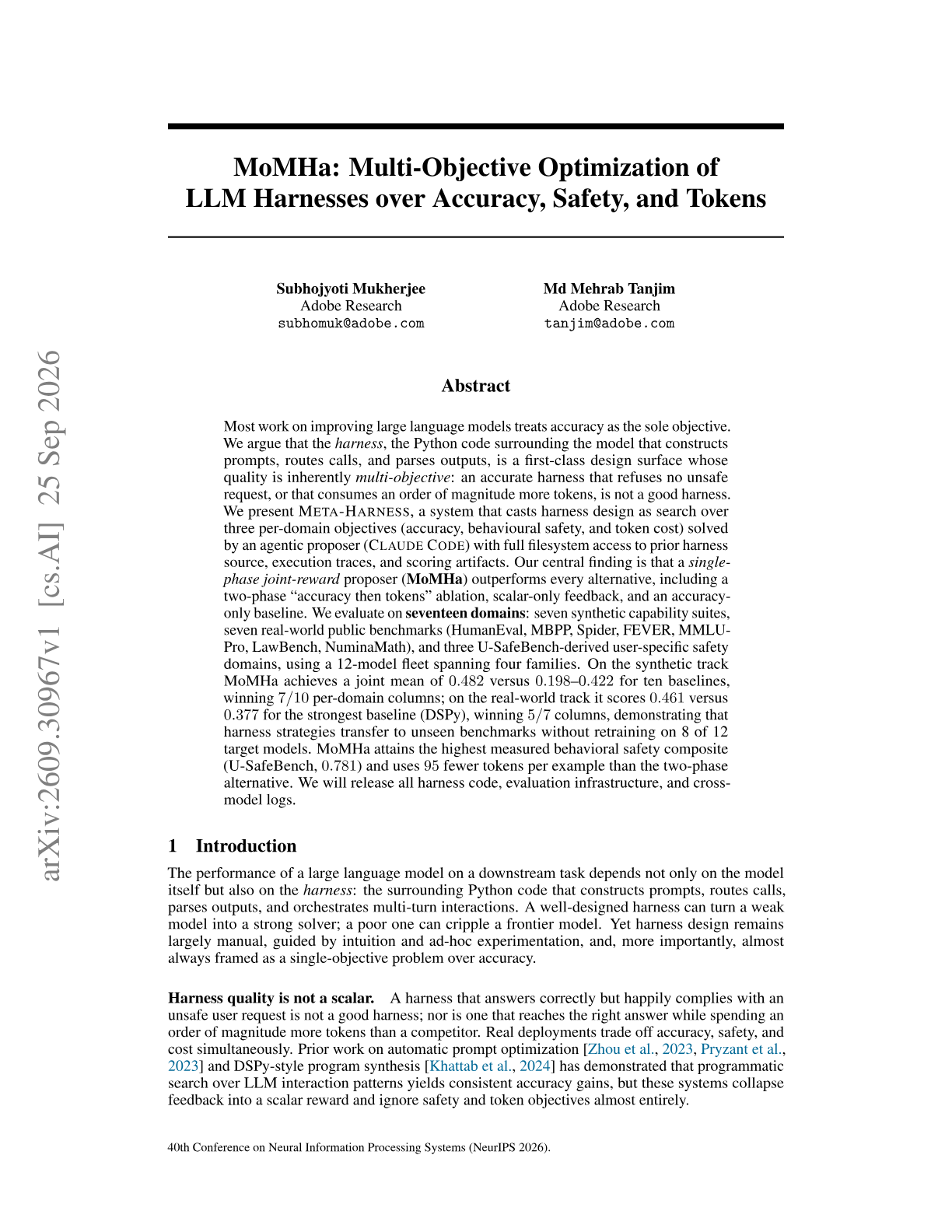 MoMHa: Multi-Objective Optimization of LLM Harnesses over Accuracy, Safety, and Tokens