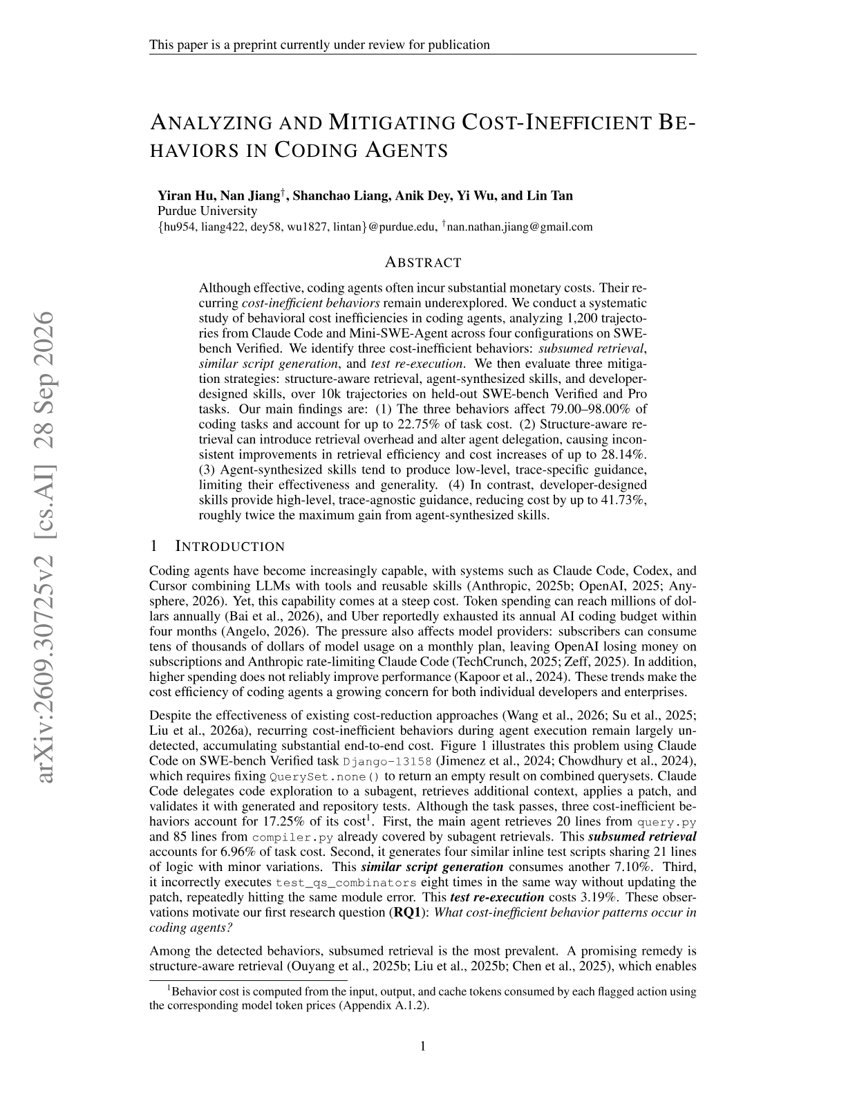 Analyzing and Mitigating Cost-Inefficient Behaviors in Coding Agents