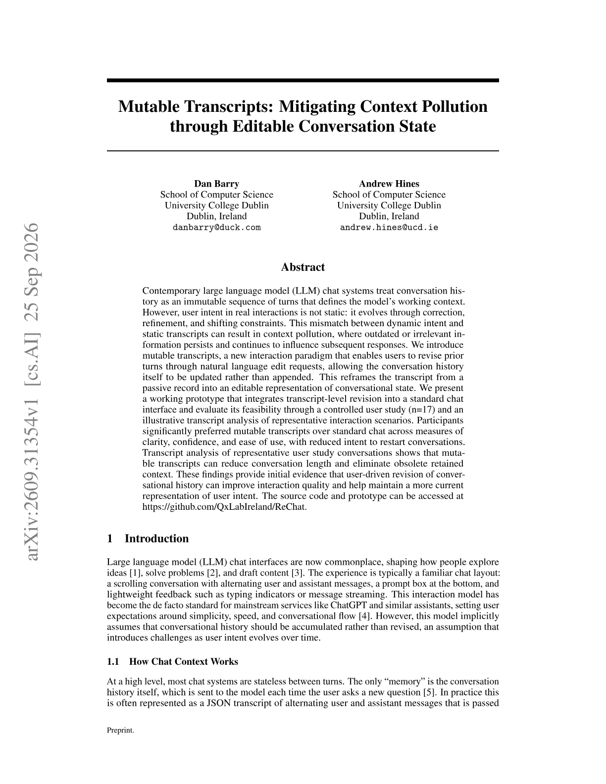 Mutable Transcripts: Mitigating Context Pollution through Editable Conversation State