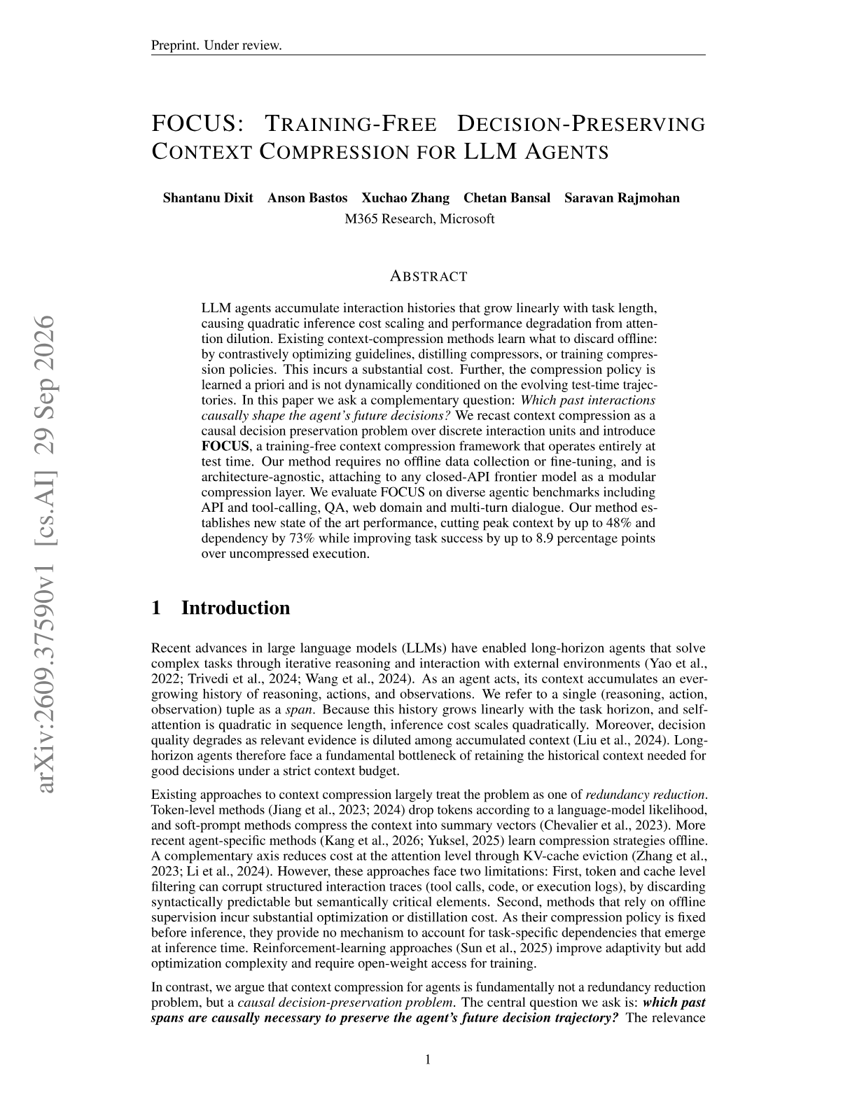 FOCUS: Training-Free Decision-Preserving Context Compression for LLM Agents