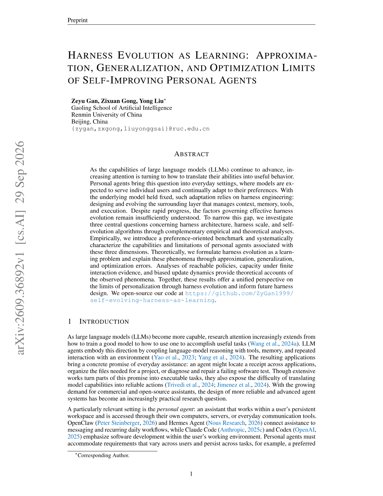 Harness Evolution as Learning: Approximation, Generalization, and Optimization Limits of Self-Improving Personal Agents