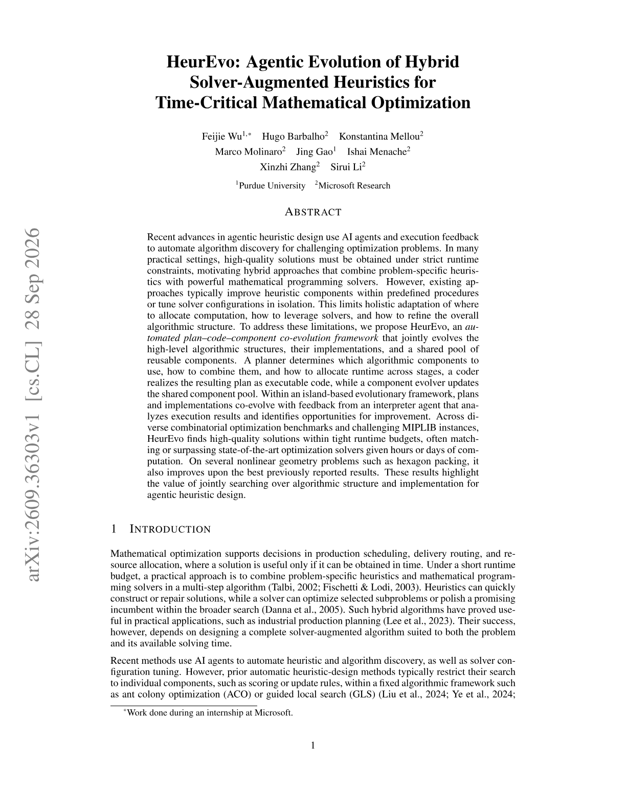 HeurEvo: Agentic Evolution of Hybrid Solver-Augmented Heuristics for Time-Critical Mathematical Optimization