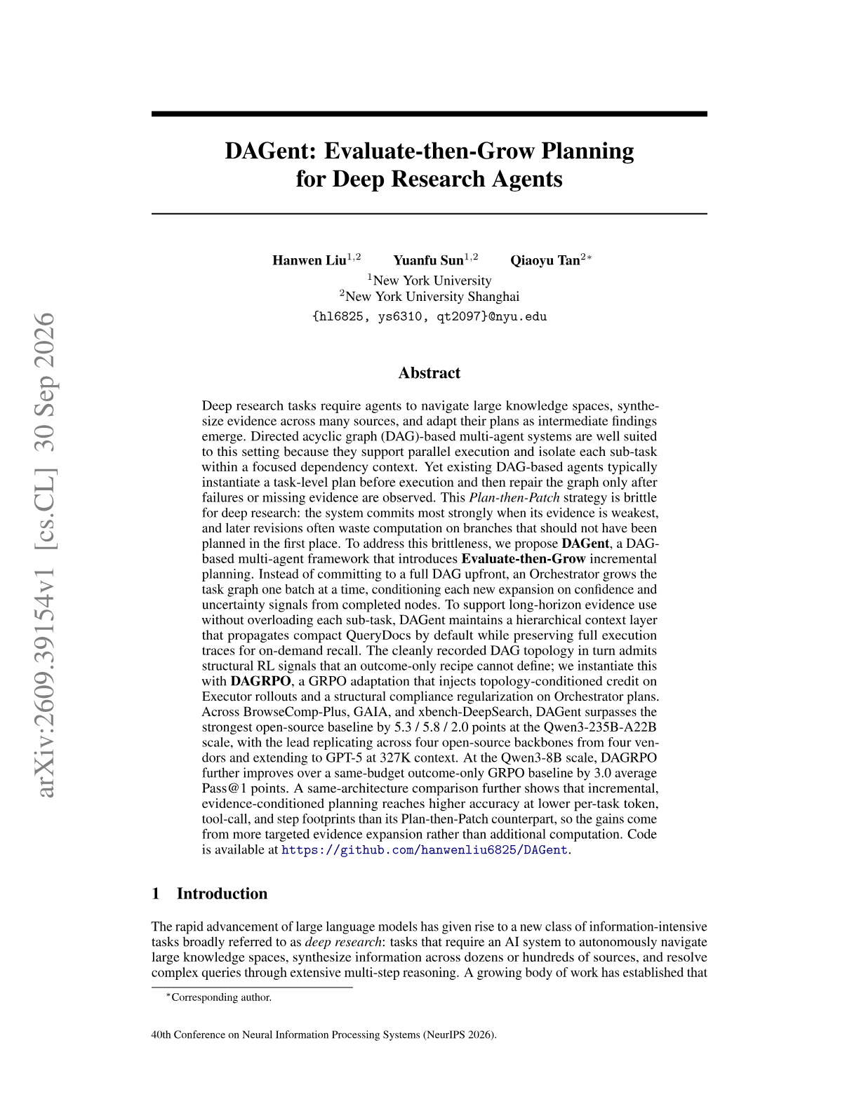 DAGent: Evaluate-then-Grow Planning for Deep Research Agents