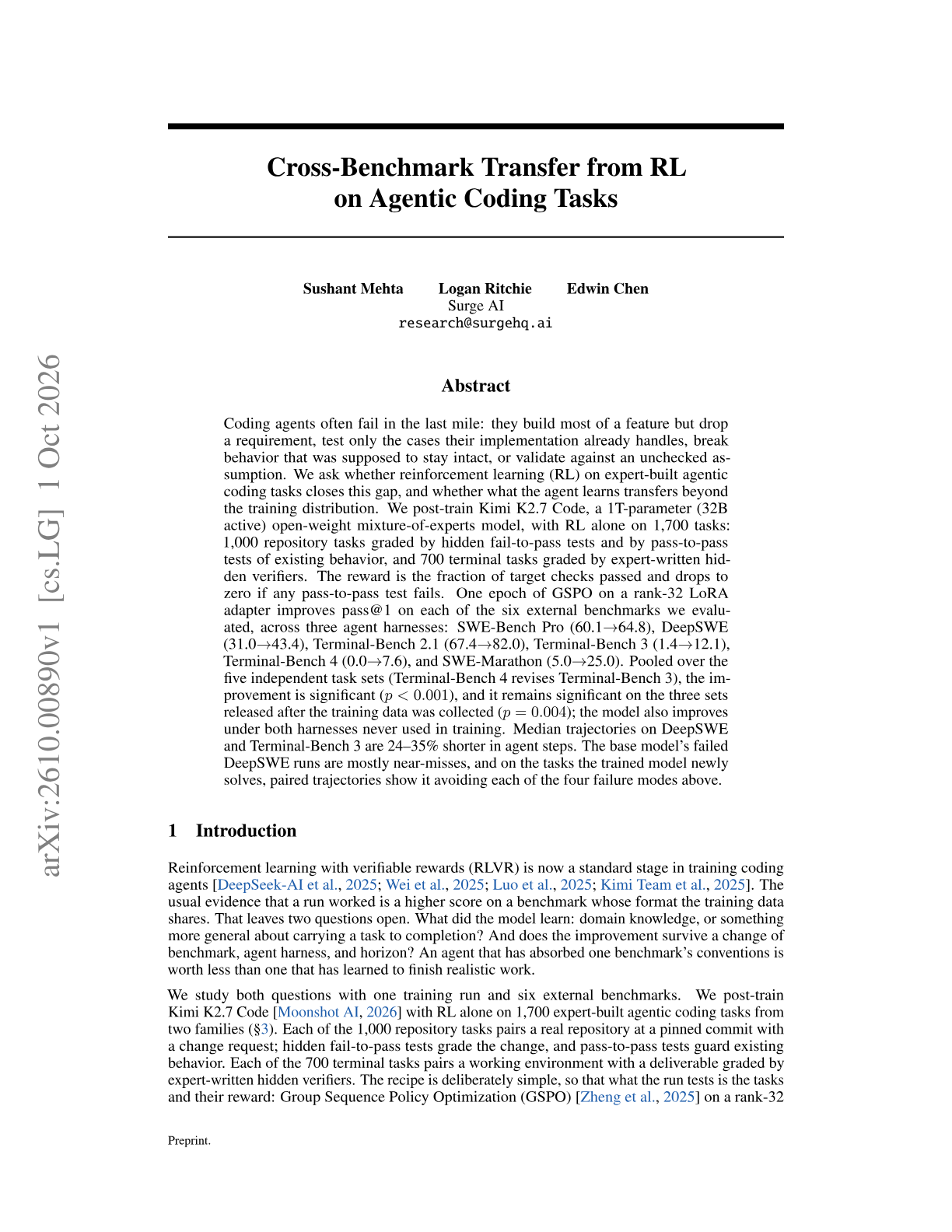 Cross-Benchmark Transfer from RL on Agentic Coding Tasks