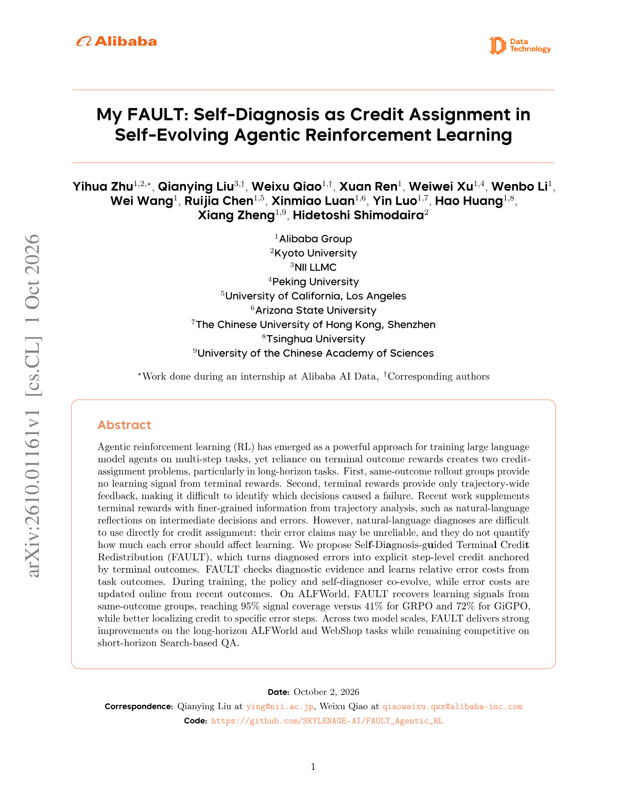 My FAULT: Self-Diagnosis as Credit Assignment in Self-Evolving Agentic Reinforcement Learning