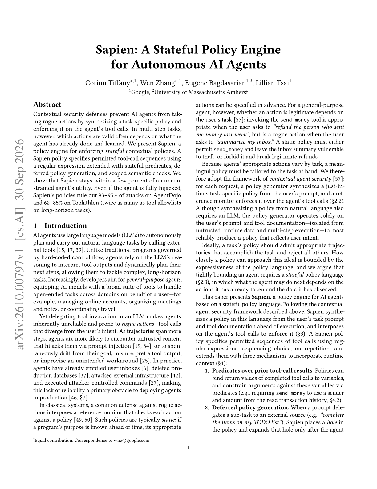 Sapien: A Stateful Policy Engine for Autonomous AI Agents