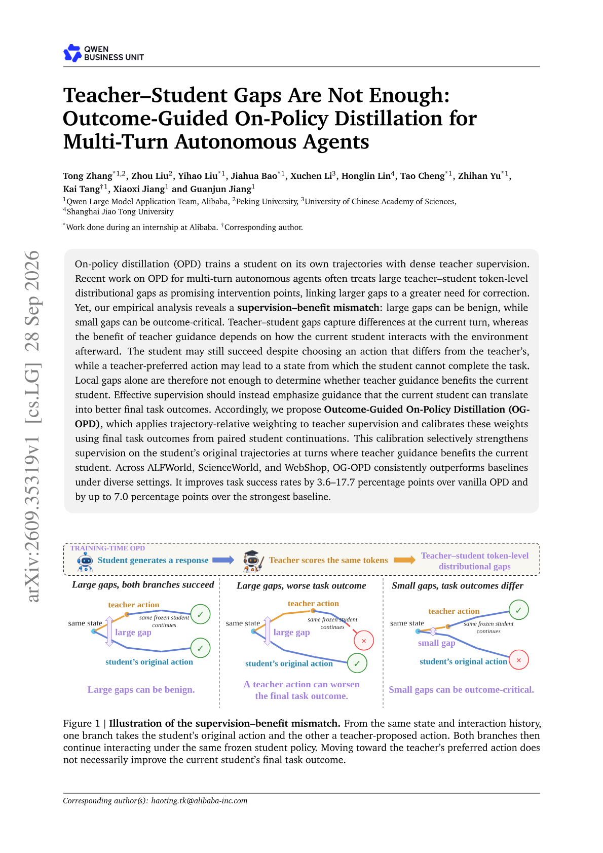Teacher-Student Gaps Are Not Enough: Outcome-Guided On-Policy Distillation for Multi-Turn Autonomous Agents