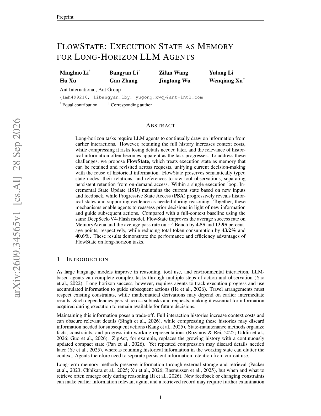 FlowState: Execution State as Memory for Long-Horizon LLM Agents