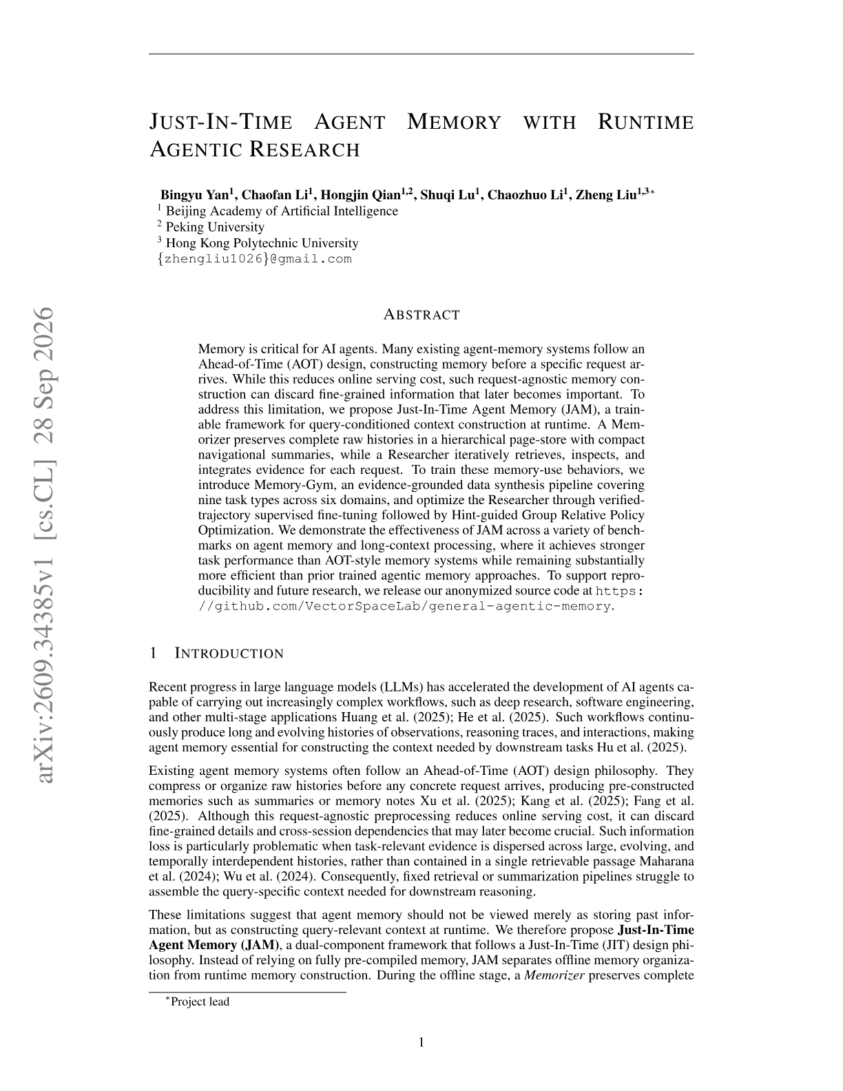 Just-In-Time Agent Memory with Runtime Agentic Research